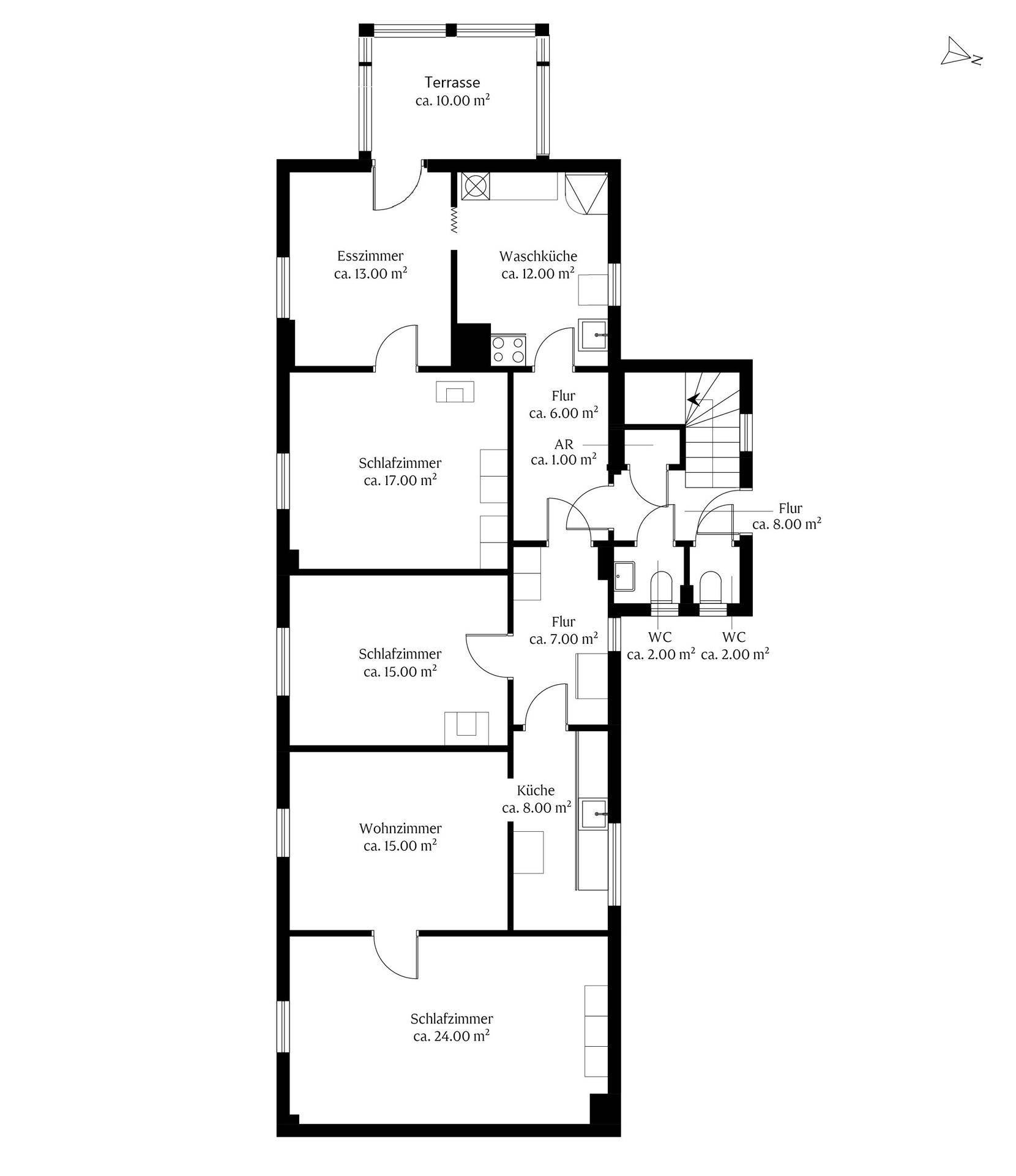 Grundriss des Erdgeschosses mit Terrasse, Esszimmer, Schlafzimmern und zwei WCs.