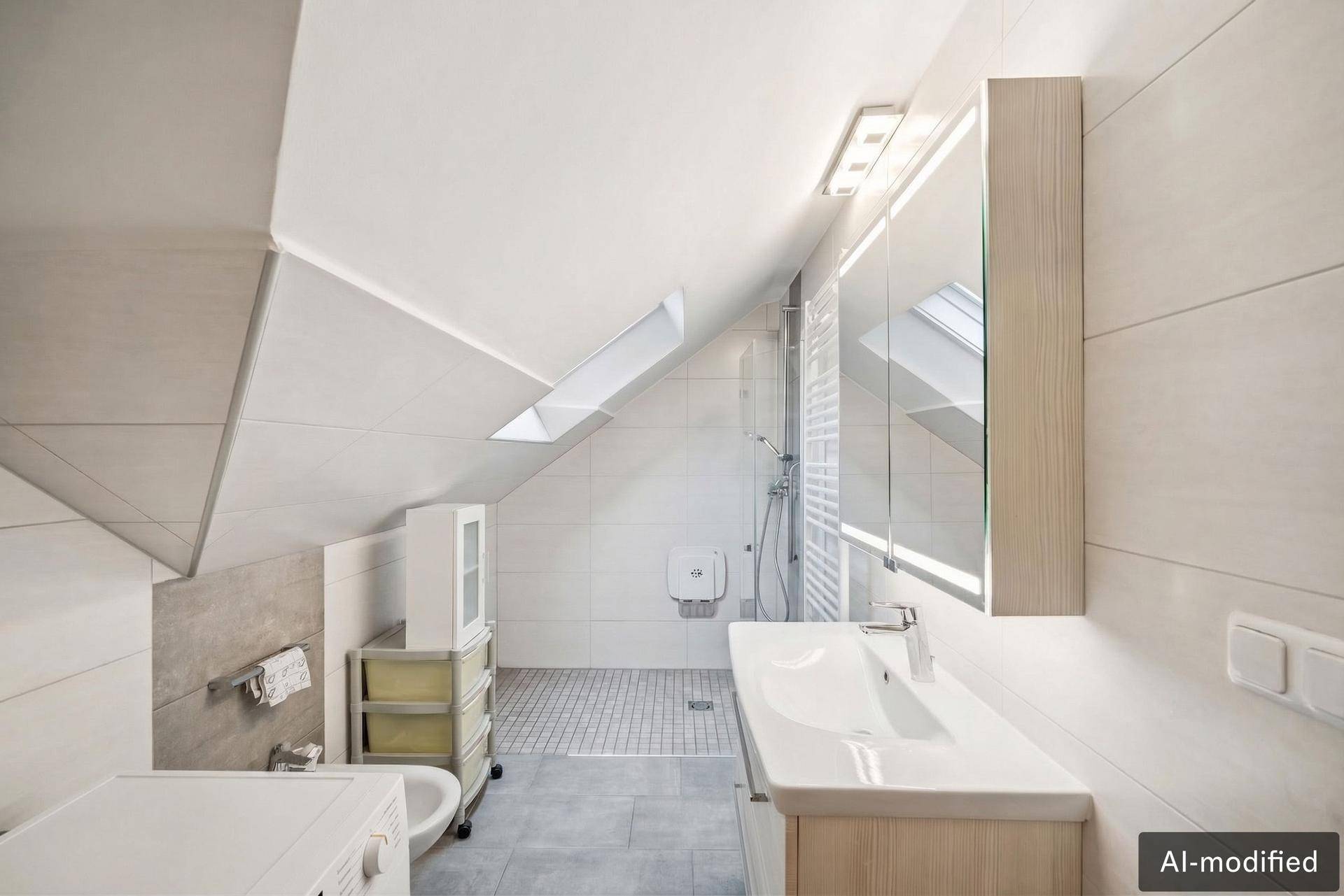 Modernes Badezimmer im Dachgeschoss mit Dusche, Waschbecken und Dachfenster.