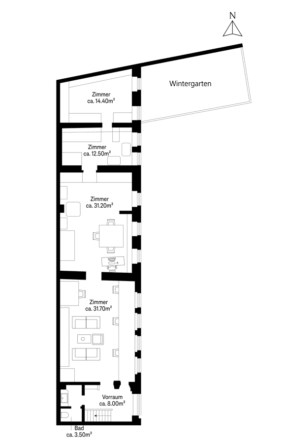 Grundrissplan einer weiteren Etage mit mehreren Zimmern und einem Wintergarten.