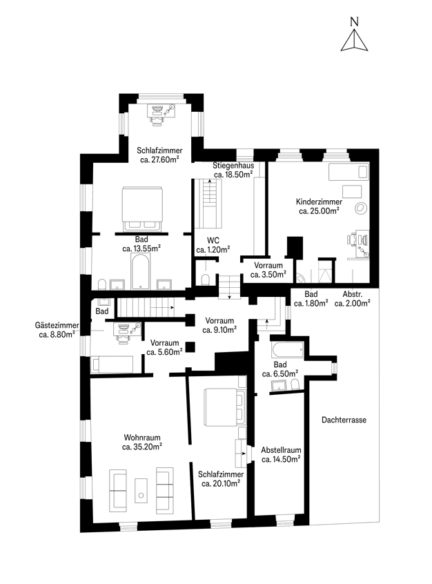 Grundrissplan der obersten Etage mit Schlafzimmern, Bädern und einer Dachterrasse.