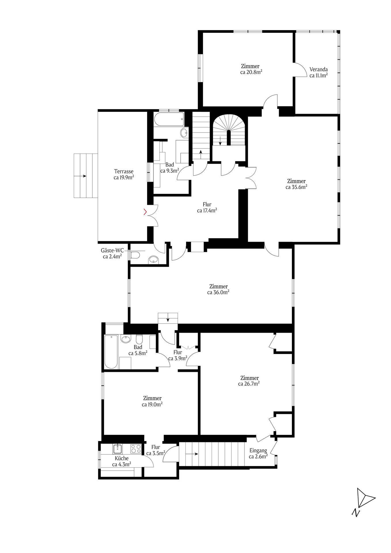 Grundriss des Obergeschosses mit mehreren Zimmern, Bad, Gäste-WC und Terrasse.