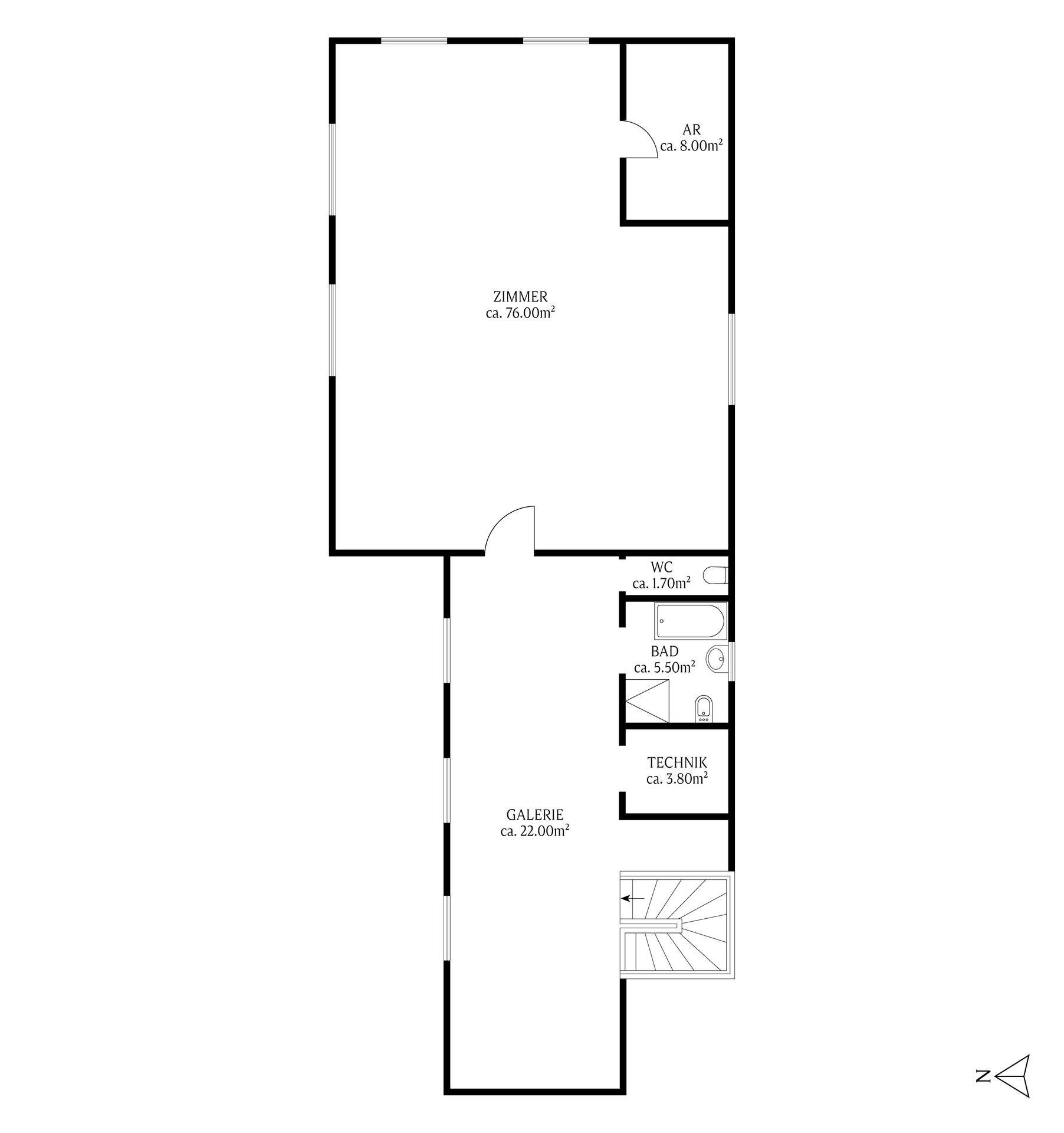 Grundriss des Obergeschosses mit großem Zimmer, Bad, WC und Galeriebereich.