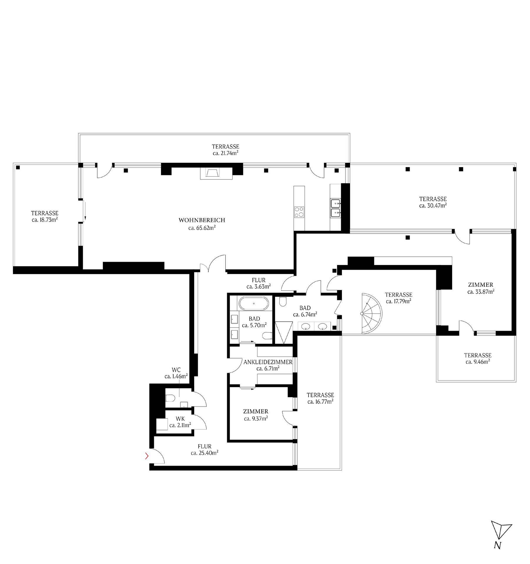 Detaillierter Grundriss der Wohnung mit mehreren Terrassen, Wohnbereich und Zimmern.