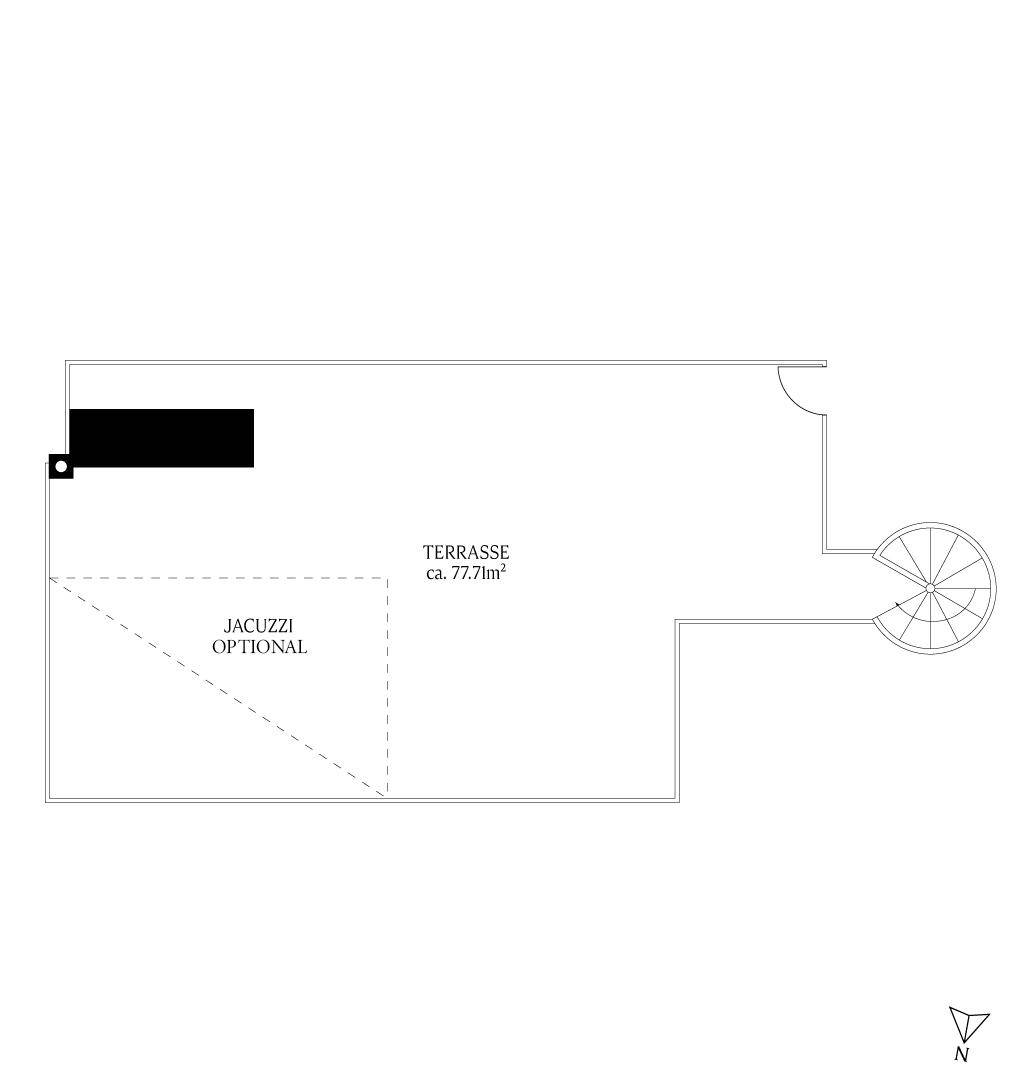 Grundriss der Dachterrasse mit optionalem Jacuzzi und Wendeltreppe.