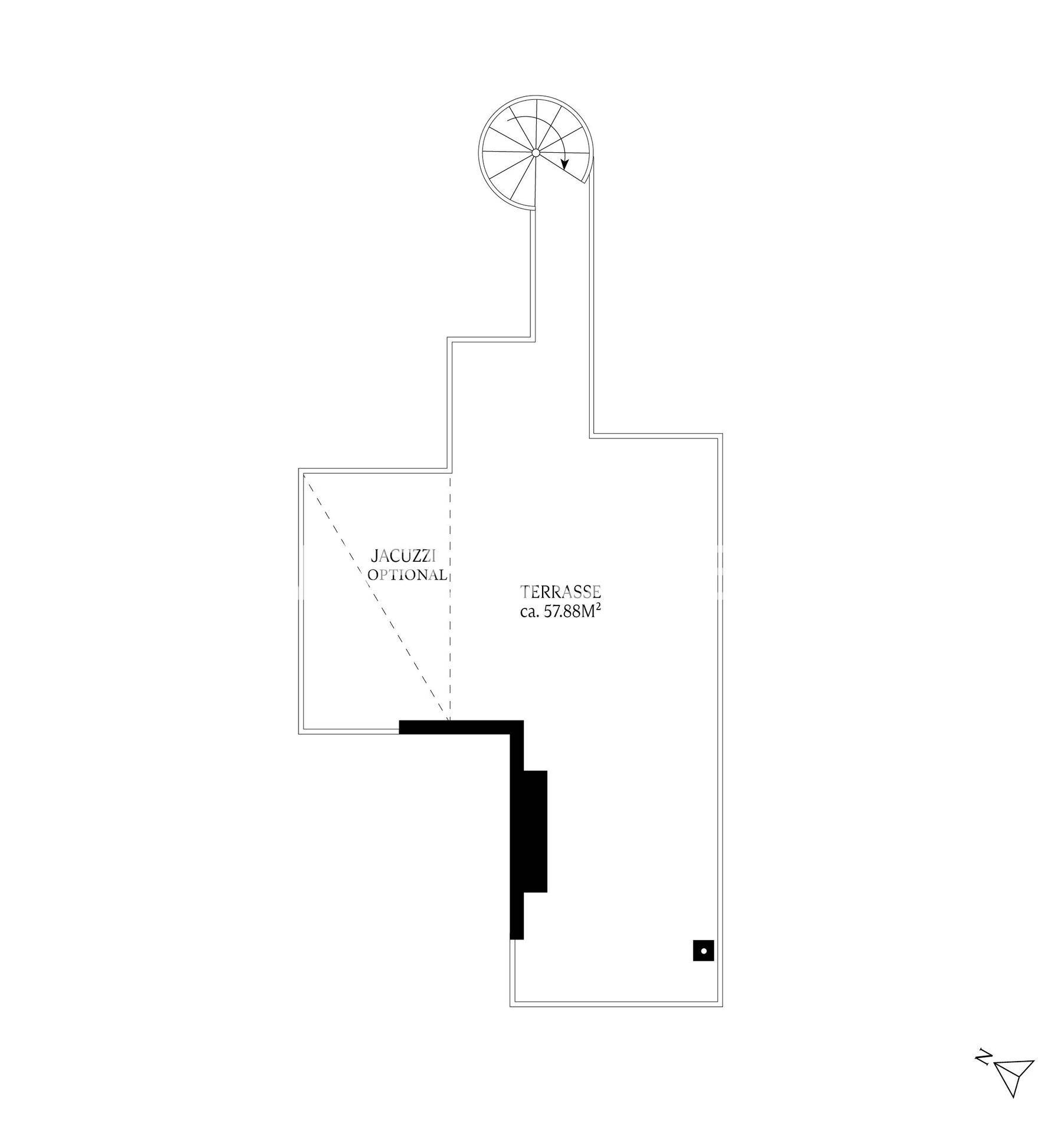 Grundriss der oberen Ebene mit großer Dachterrasse und optionalem Whirlpoolbereich.
