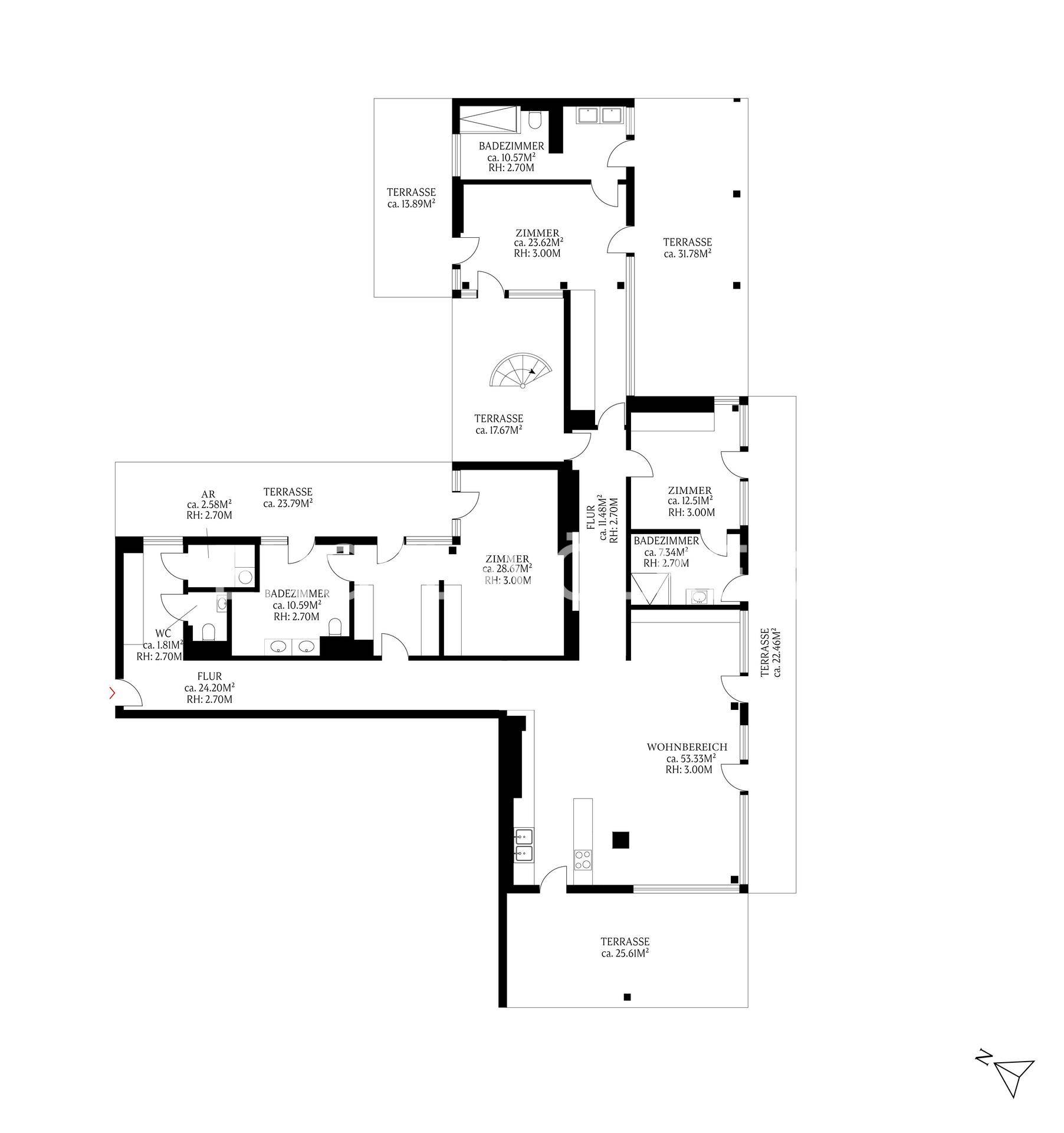 Detaillierter Grundriss der Hauptebene mit mehreren Zimmern, Bädern und Terrassenflächen.