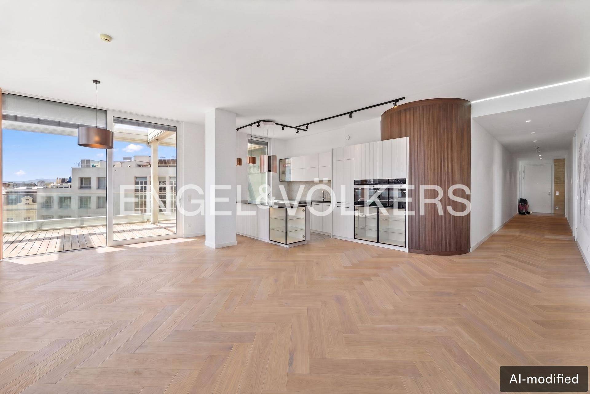 Moderne, offene Küche mit integrierten Geräten, Holzverkleidung und Zugang zur Außenterrasse.