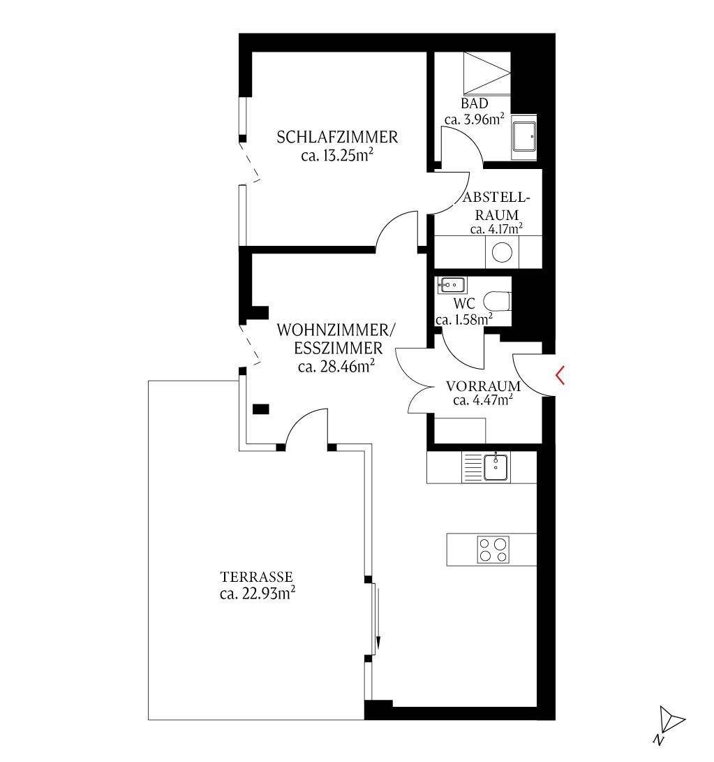 Grundriss einer Wohnung mit Schlafzimmer, Bad, Wohn-/Esszimmer und großer Terrasse.