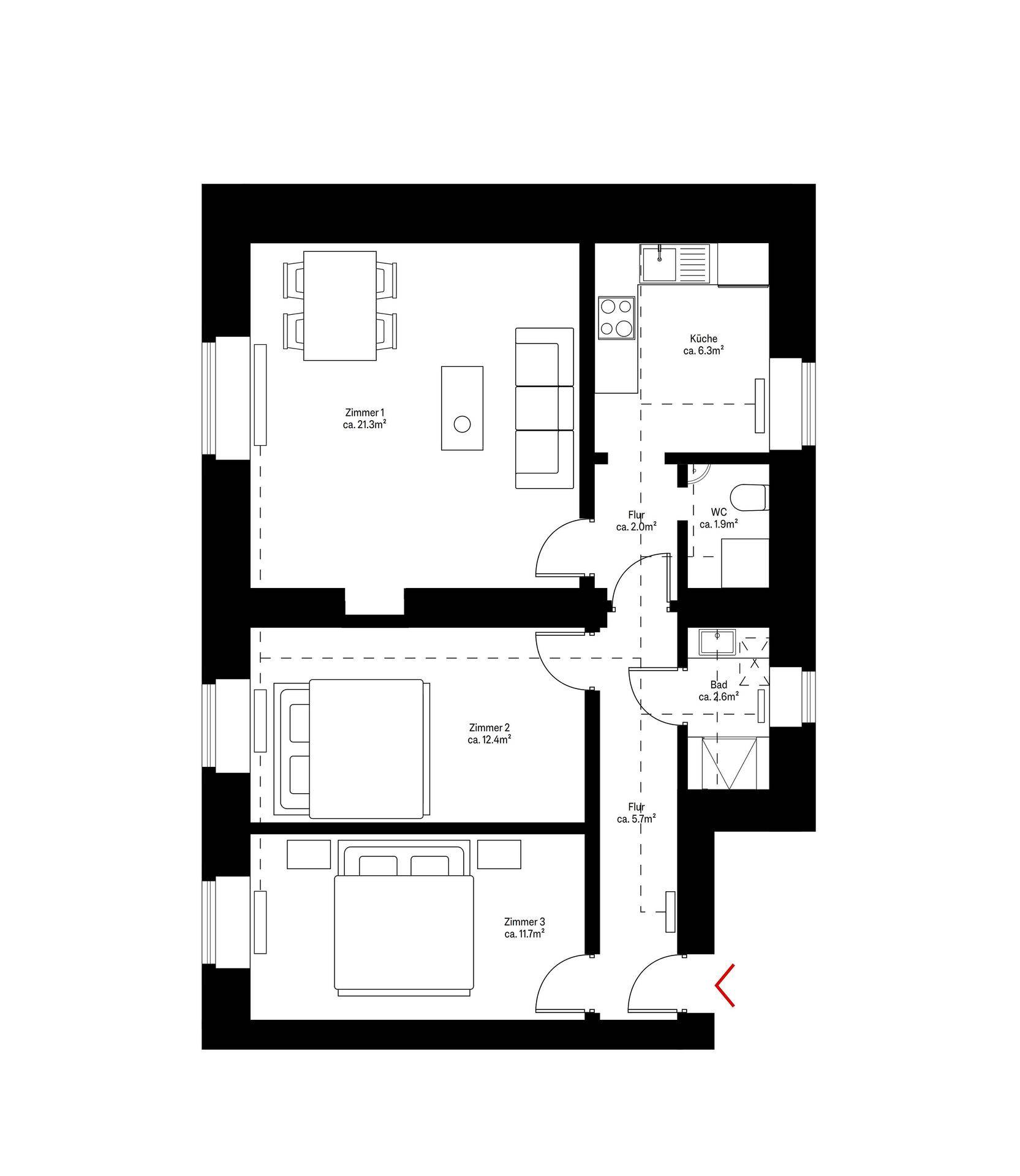 Grundriss der Wohnung mit drei Zimmern, Küche, WC und separatem Duschbereich.