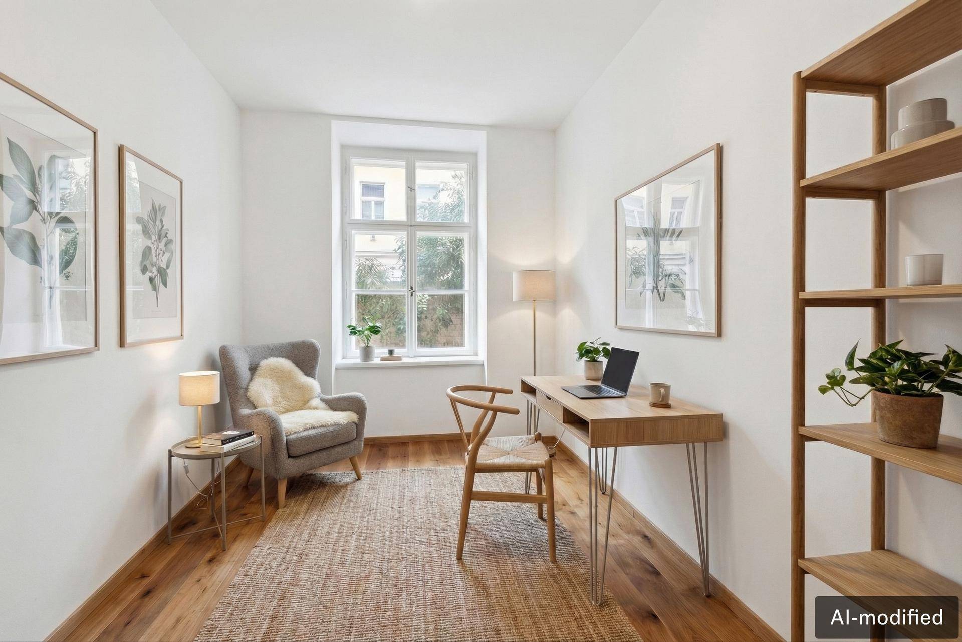Helles Arbeitszimmer mit Holzboden, modernem Schreibtisch und gemütlichem Sessel am Fenster.