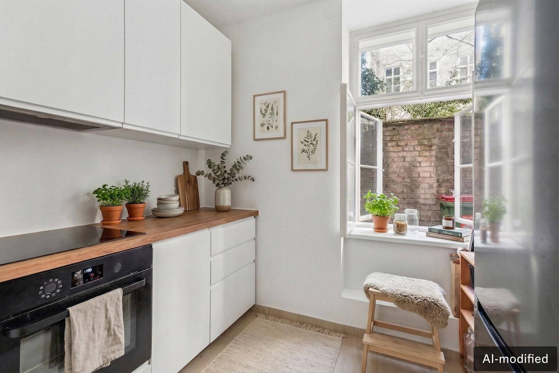 Moderne Küche mit weißen Schränken, Holzarbeitsplatte und Fenster zum Innenhof.