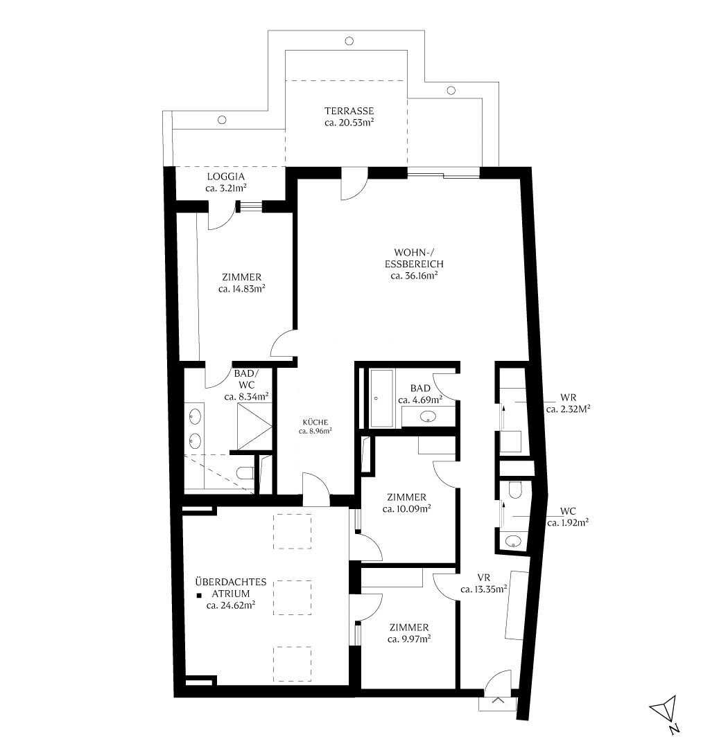 Detaillierter Grundriss mit Wohn-/Essbereich, drei Zimmern, zwei Bädern, Terrasse und Loggia.