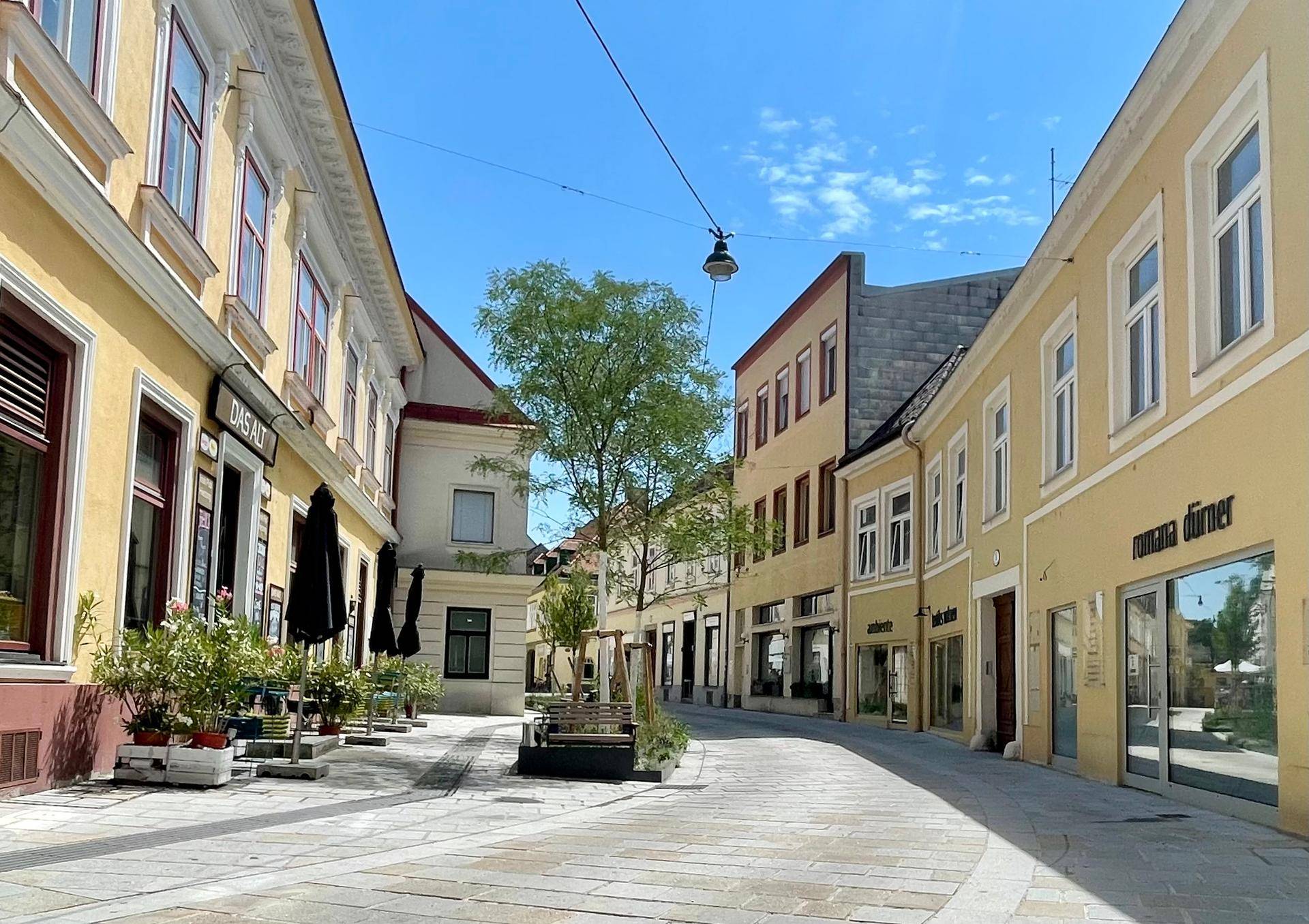 Belebte Gasse mit traditionellen Gebäuden und Geschäften in der Stadt.