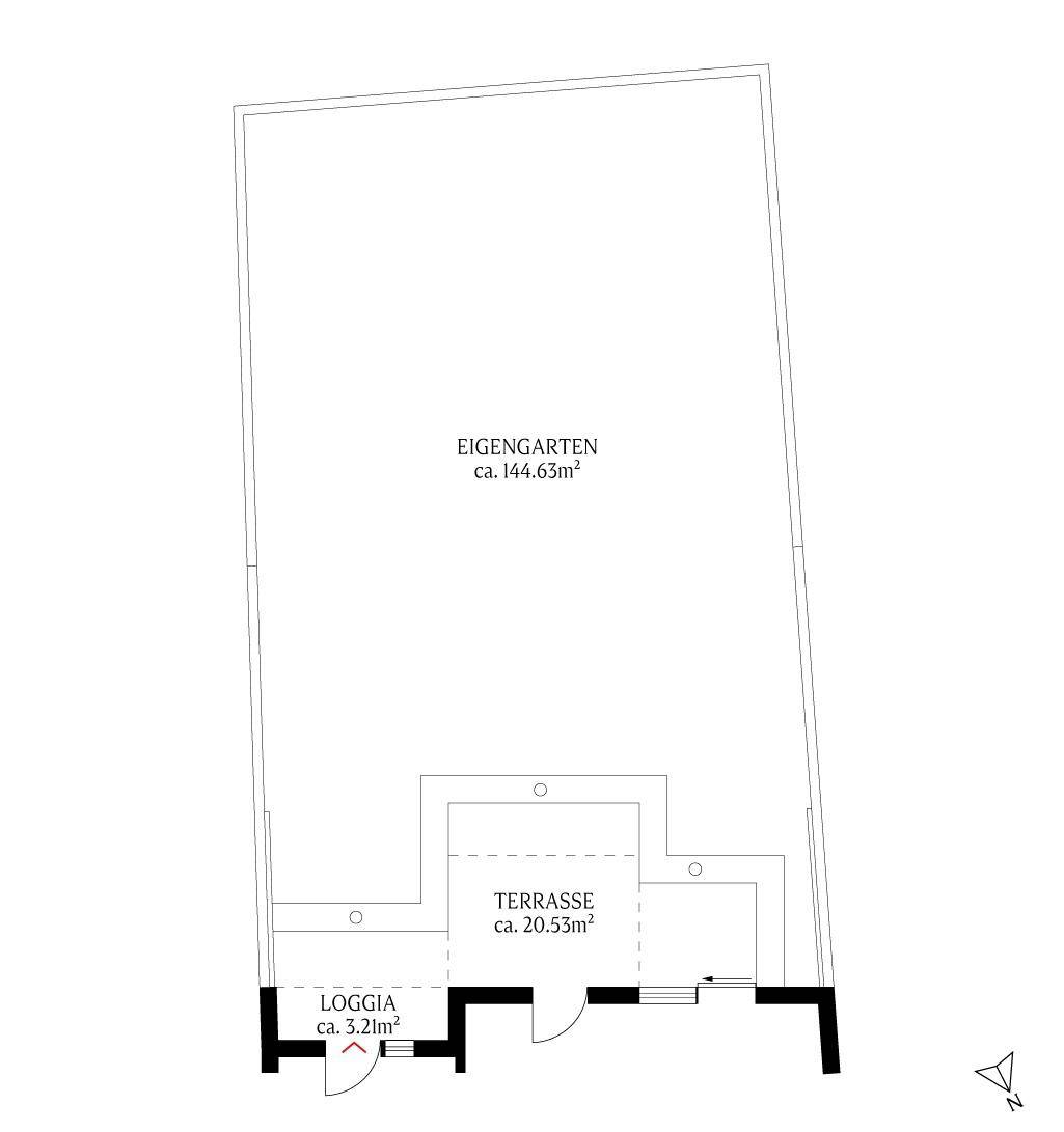 Grundriss des Außenbereichs mit großem Eigengarten, Terrasse und Loggia.