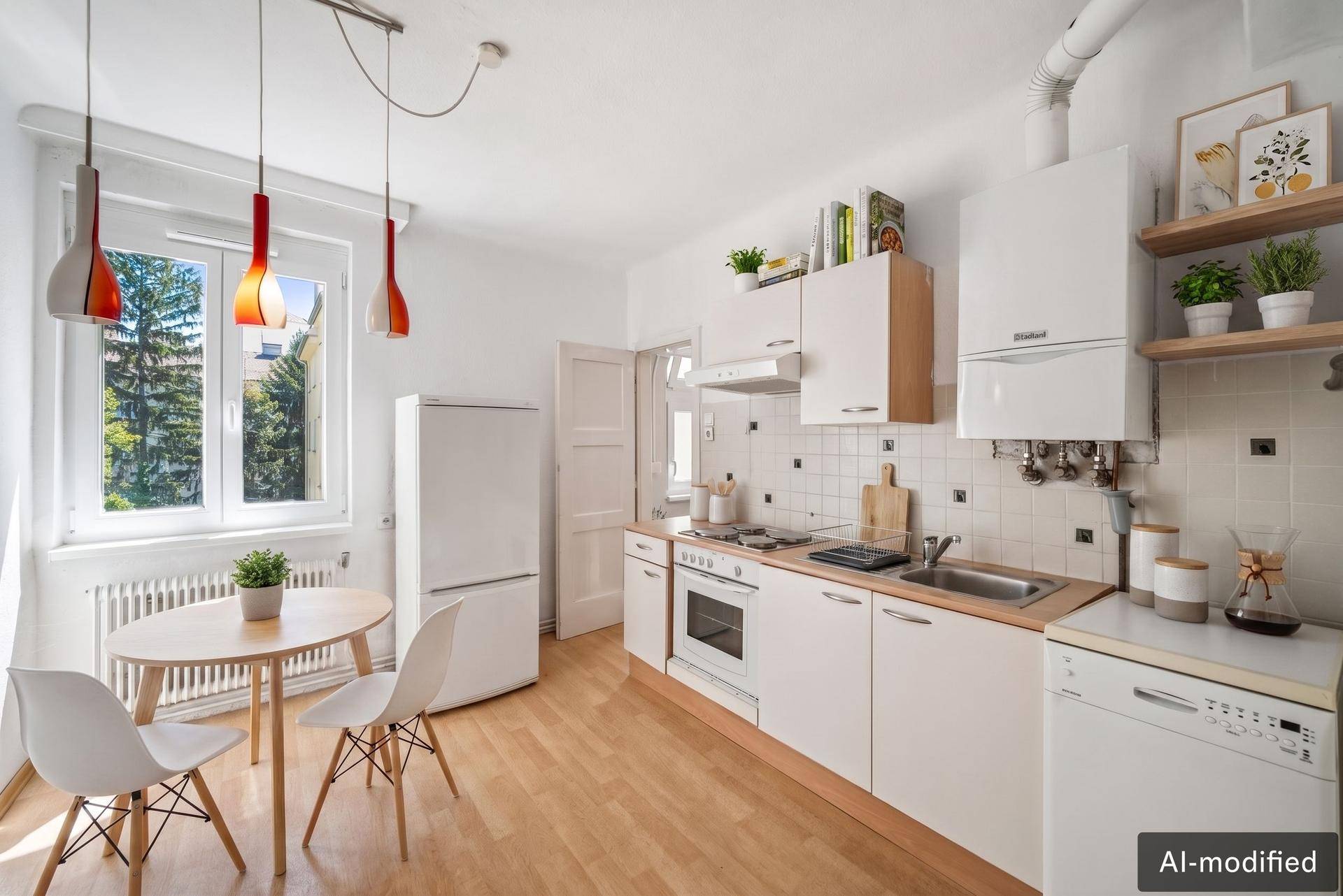 Helle Küche mit Essbereich, weißen Schränken und Fenster mit Blick ins Grüne.