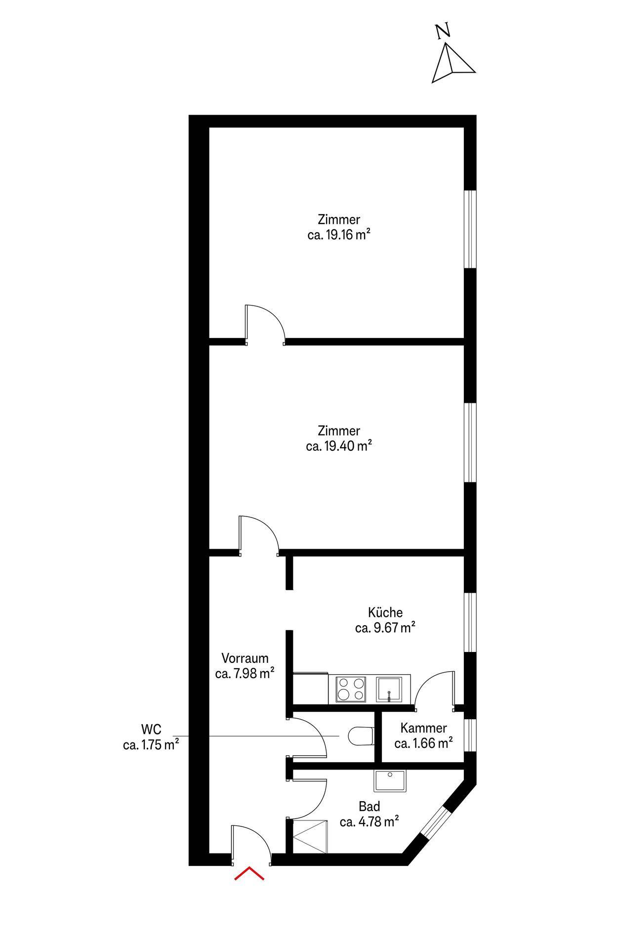 Grundriss der Wohnung mit drei Zimmern, Küche, Bad und separatem WC.
