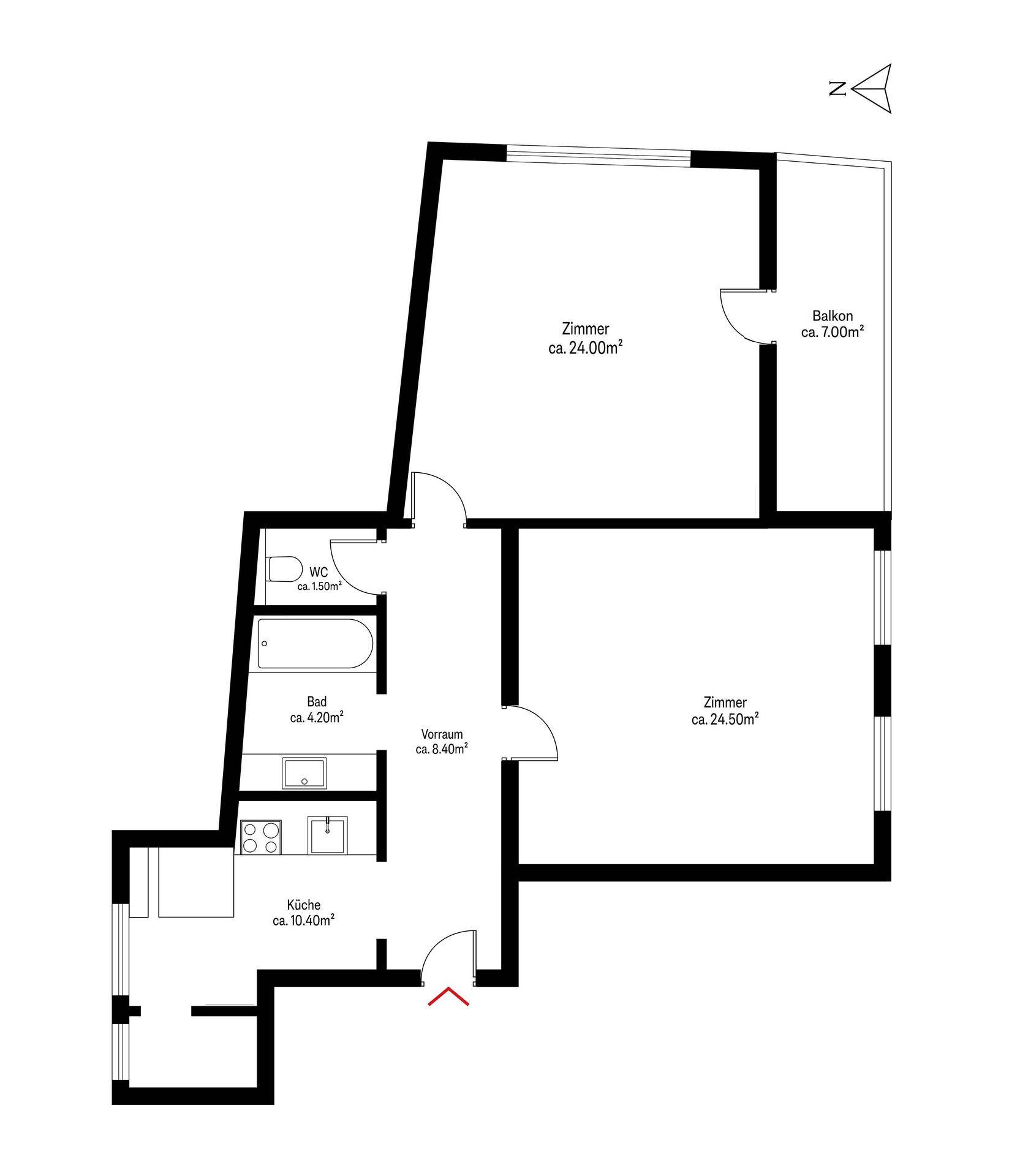 Grundriss der Wohnung mit zwei Zimmern, Küche, Bad und Balkon.