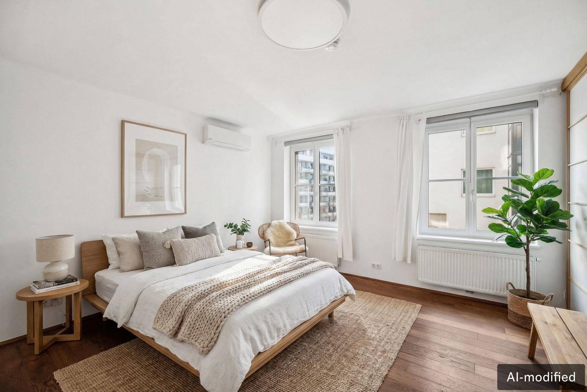 Gemütliches Schlafzimmer mit Holzboden, großen Fenstern und moderner Einrichtung.
