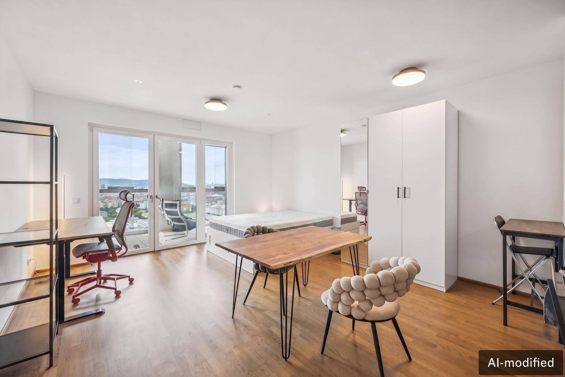 Helles Studio-Apartment mit Schlaf-, Wohn- und Arbeitsbereich sowie Zugang zum Balkon.