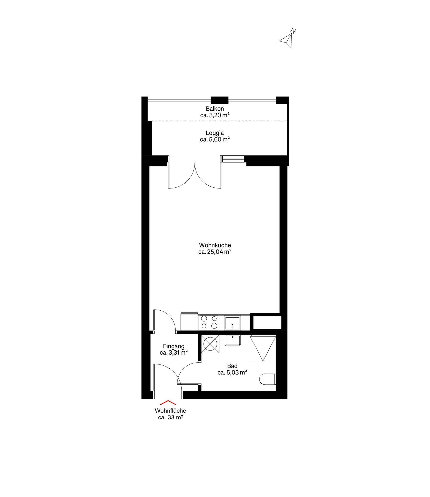 Grundriss der Wohnung mit Wohnküche, Bad, Eingang, Loggia und Balkon.