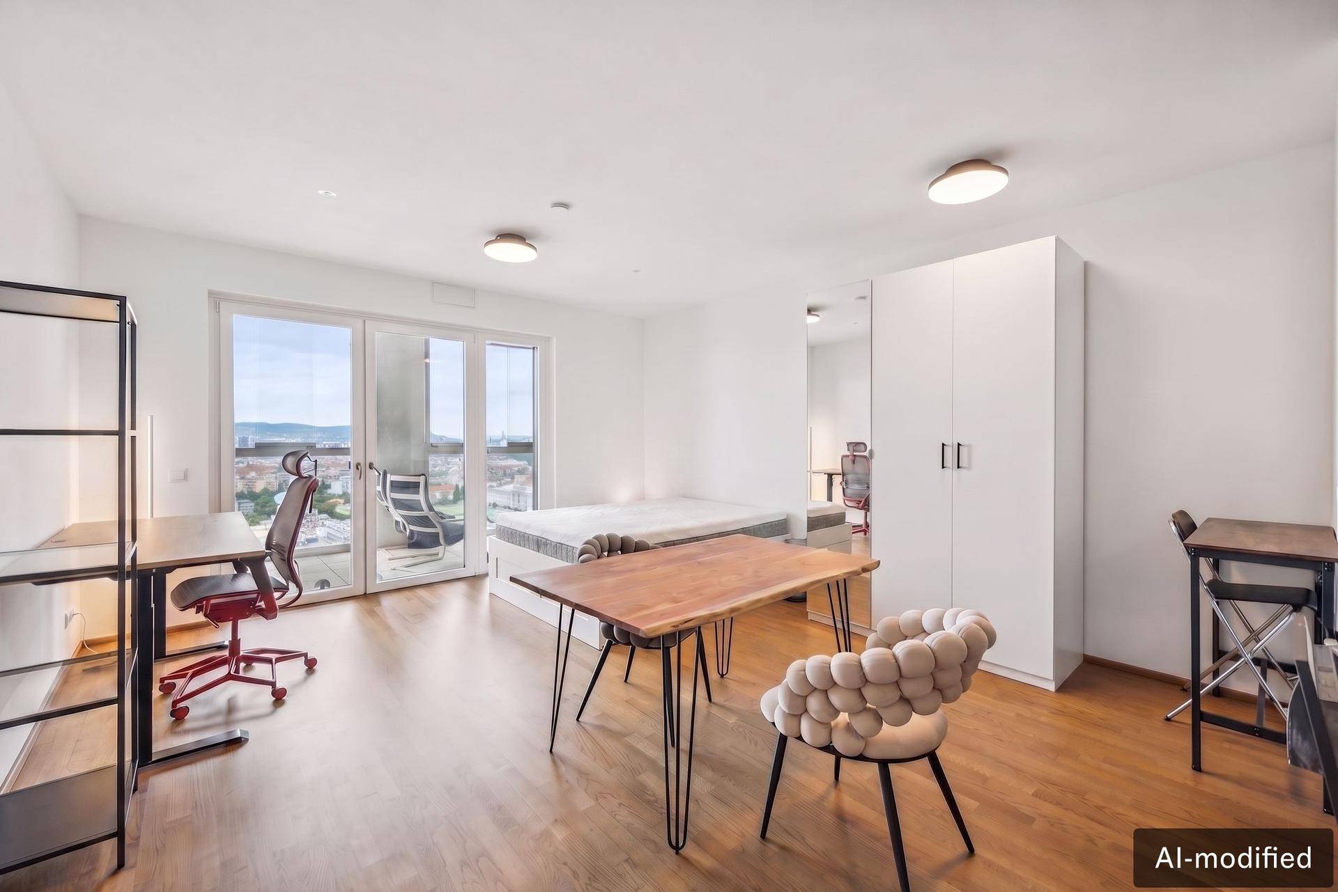 Helles Studio-Apartment mit Schlaf-, Wohn- und Arbeitsbereich sowie Zugang zum Balkon.