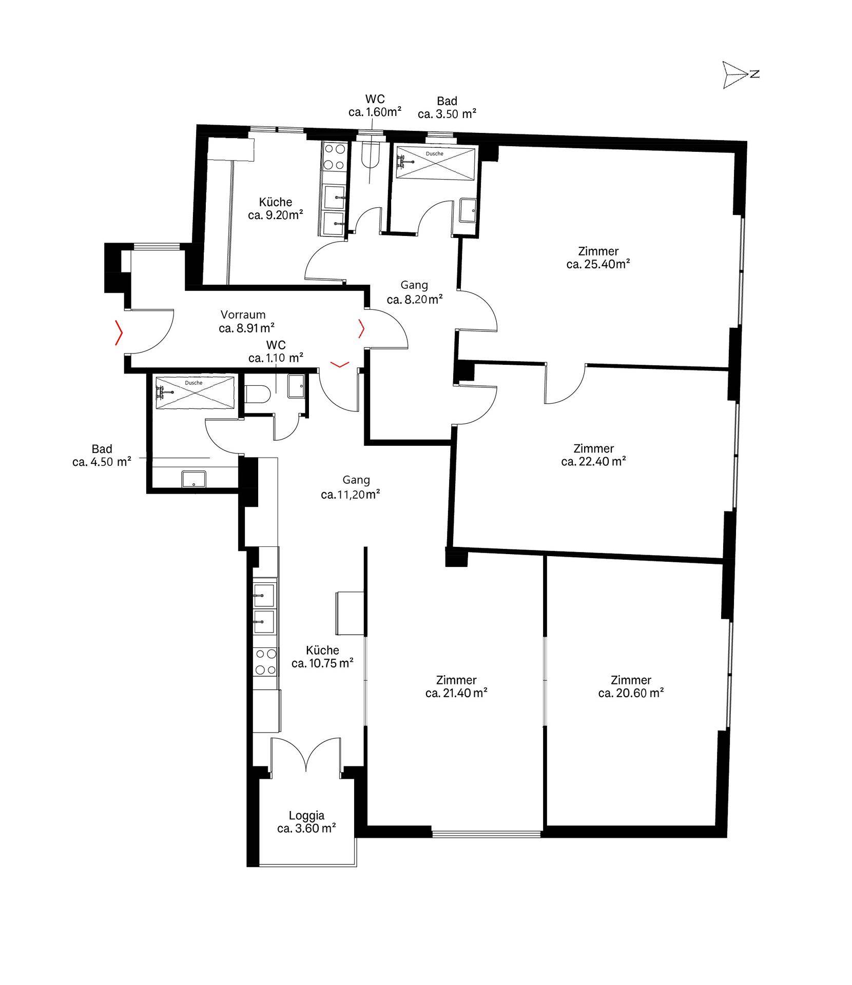 Grundriss einer Wohnung mit mehreren Zimmern, zwei Bädern und einer Loggia.