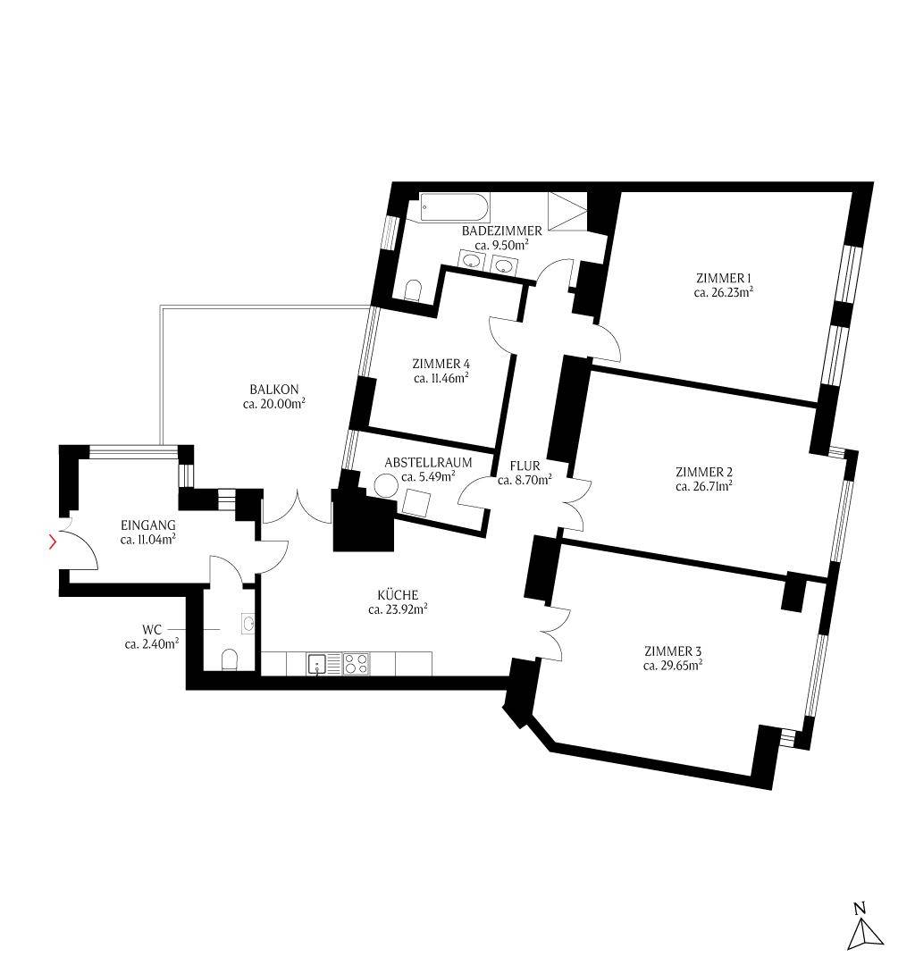 Detaillierter Grundriss der Wohnung mit mehreren Zimmern, Balkon und separatem WC.