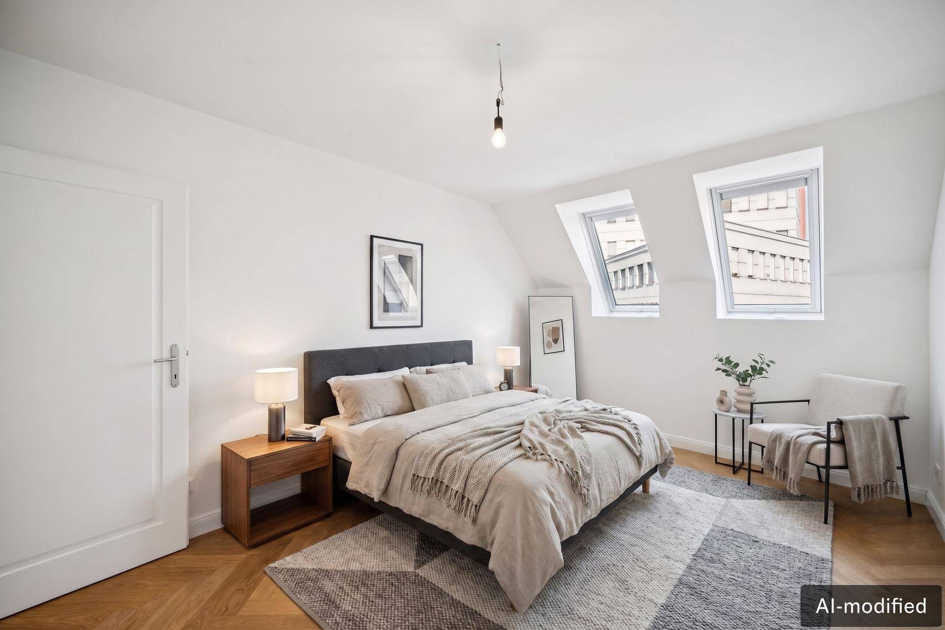 Gemütliches Schlafzimmer mit Dachschrägen, Holzboden und zwei Dachfenstern.