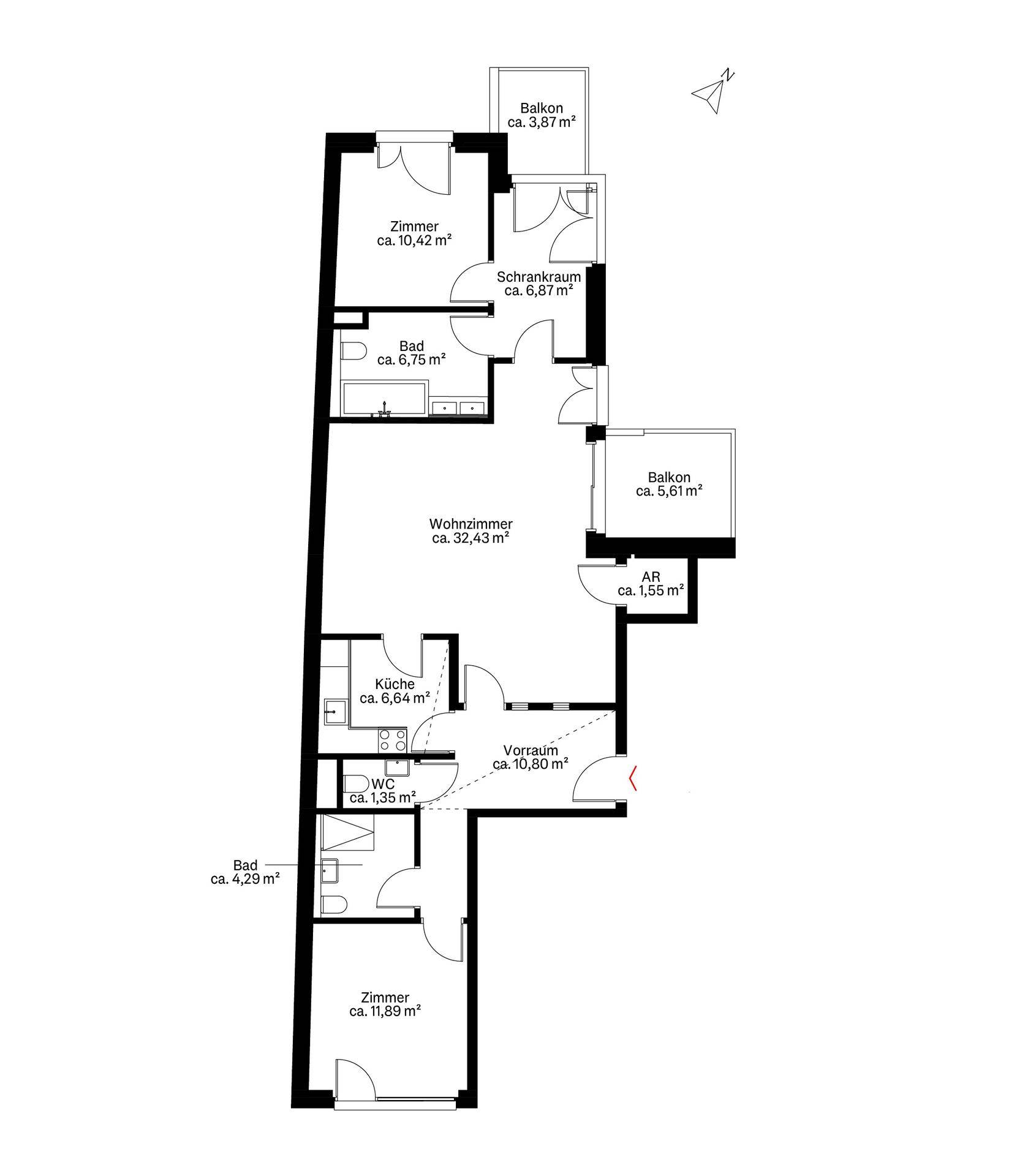 Detaillierter Grundriss der Wohnung mit Raumaufteilung, zwei Bädern und Balkonen.