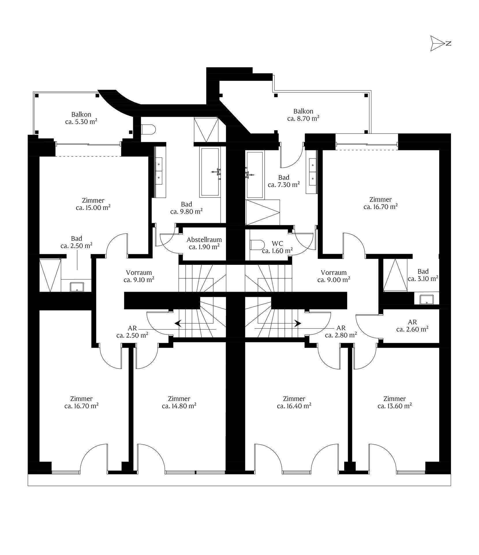 Grundriss einer weiteren Etage mit mehreren Zimmern, Bädern, WCs und Abstellräumen.