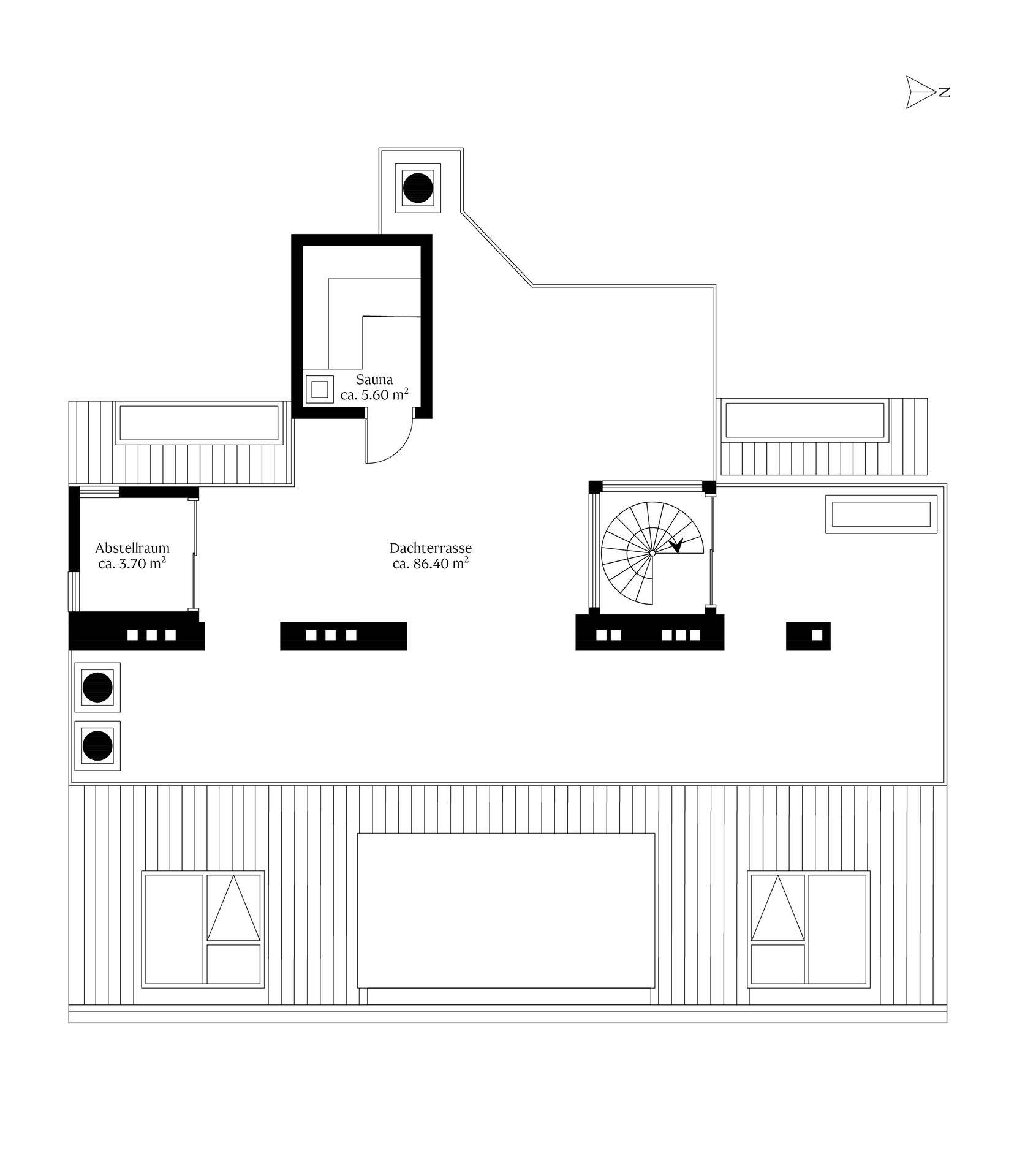 Grundriss der Dachterrasse mit Sauna, Abstellraum und Zugang über eine Wendeltreppe.