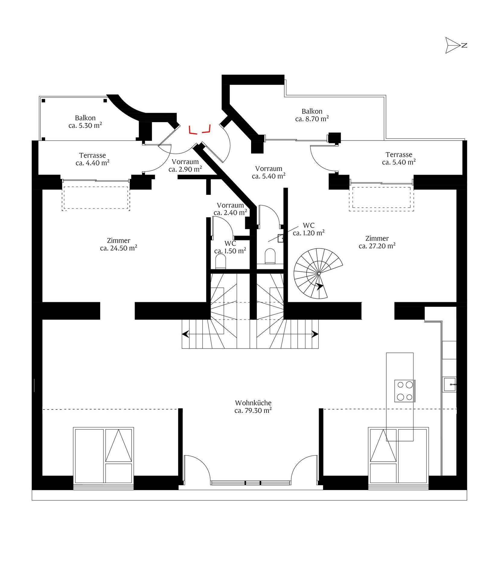Grundriss einer Etage mit Wohnküche, zwei Zimmern, WCs und mehreren Balkonen.