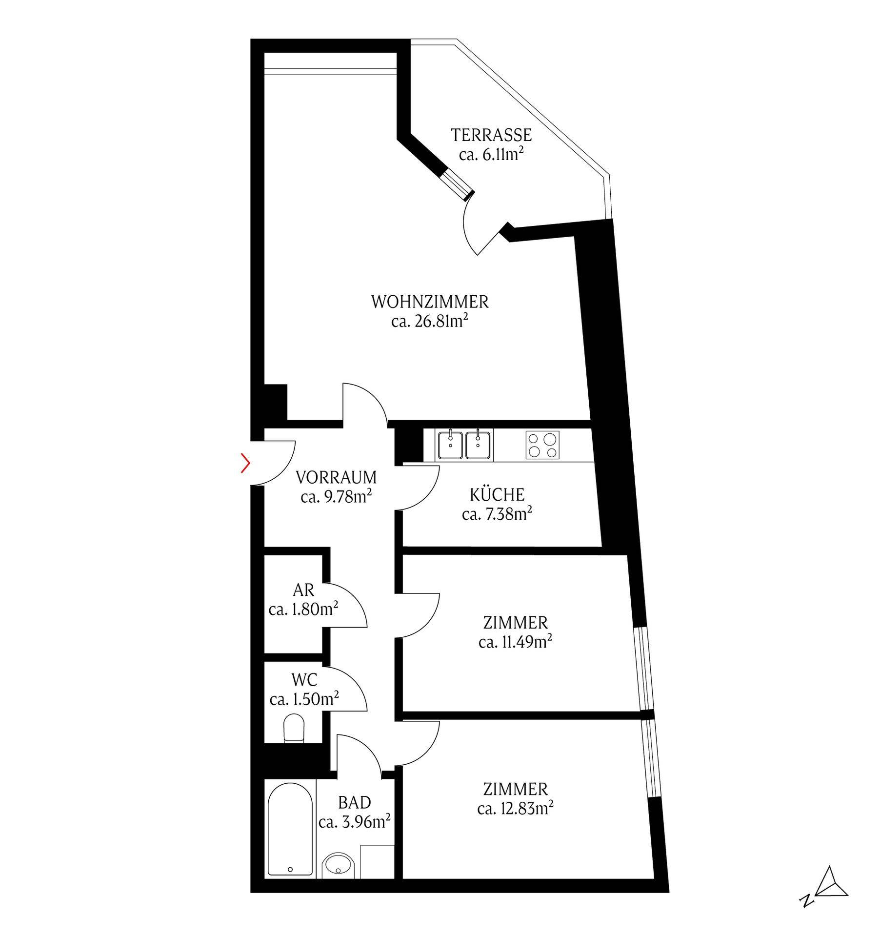 Detaillierter Grundriss der Wohnung mit Terrasse, Wohnzimmer, Küche und mehreren Zimmern.