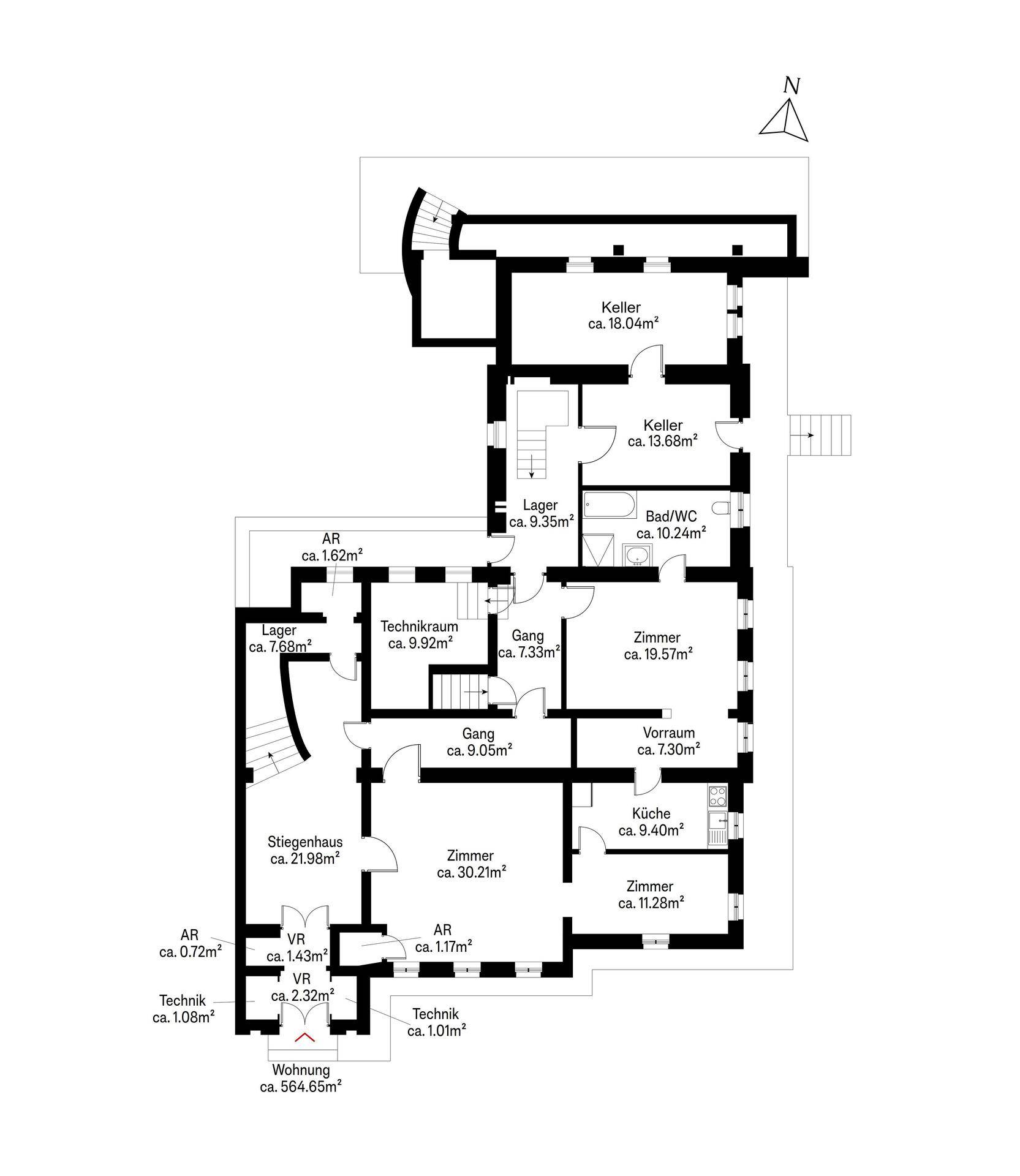 Grundriss des Untergeschosses mit Kellerräumen, Technikraum und weiteren Zimmern.