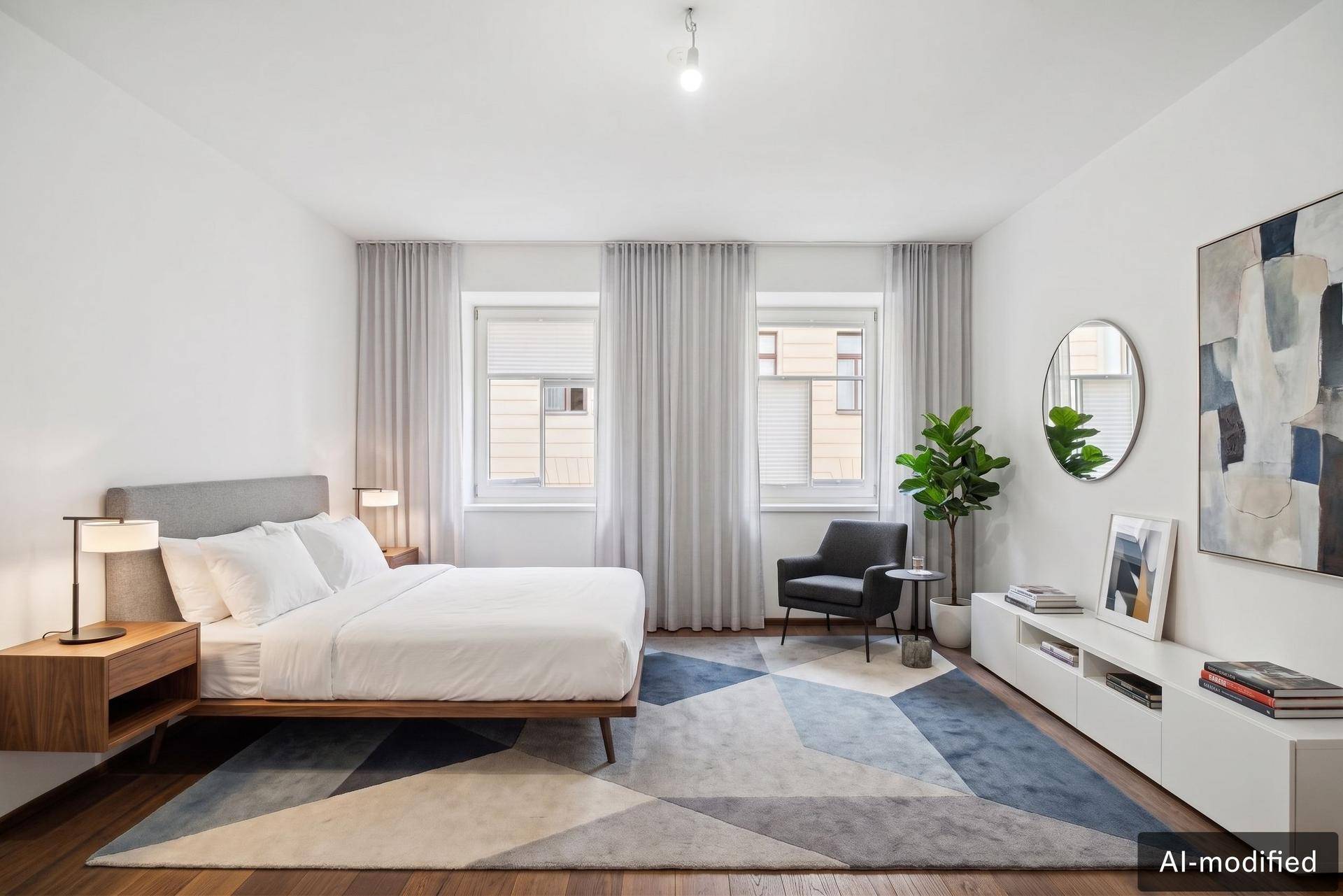 Elegantes Schlafzimmer mit Holzboden, großem Bett, Sessel und einem farbenfrohen Teppich als Akzent.