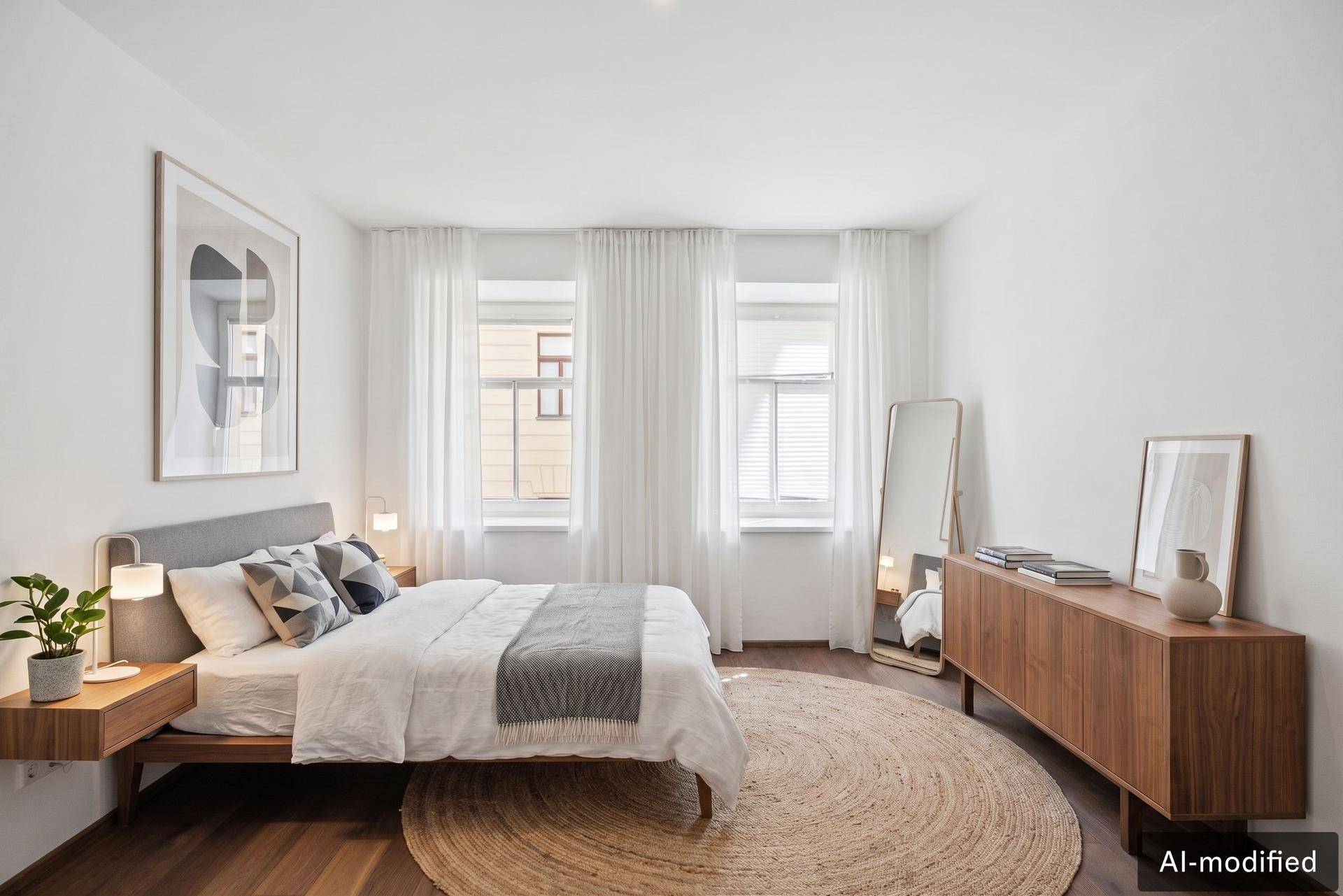 Helles Schlafzimmer mit Holzboden, modernem Bett, Kommode und zwei Fenstern für viel Tageslicht.