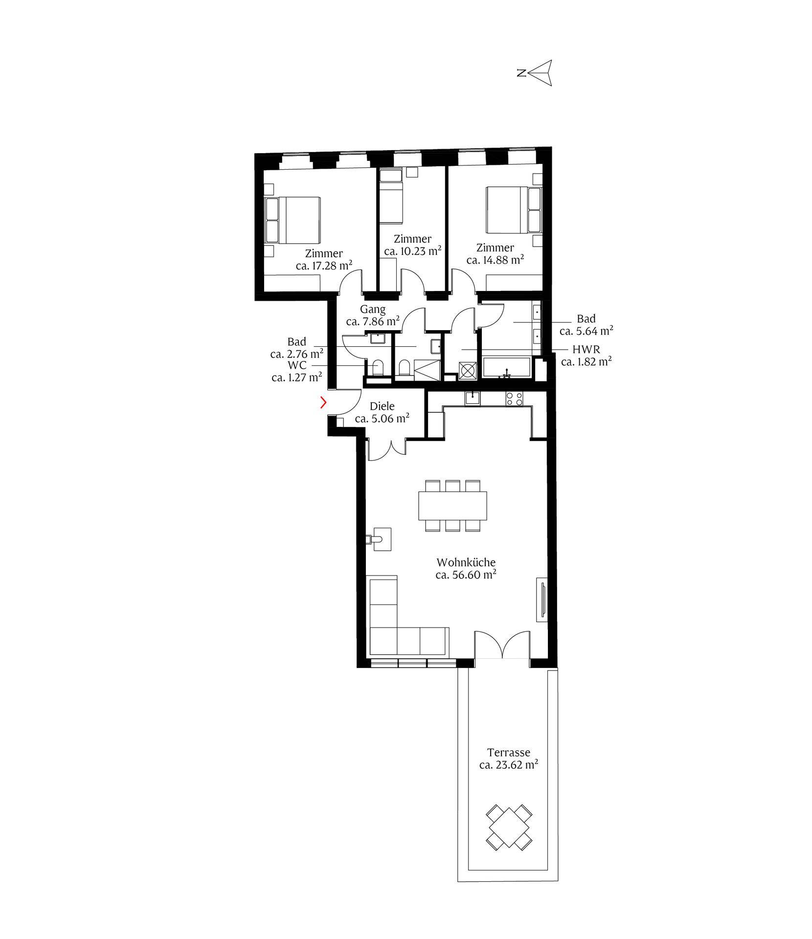 Detaillierter Grundriss der Wohnung mit drei Zimmern, Wohnküche und großer Terrasse.