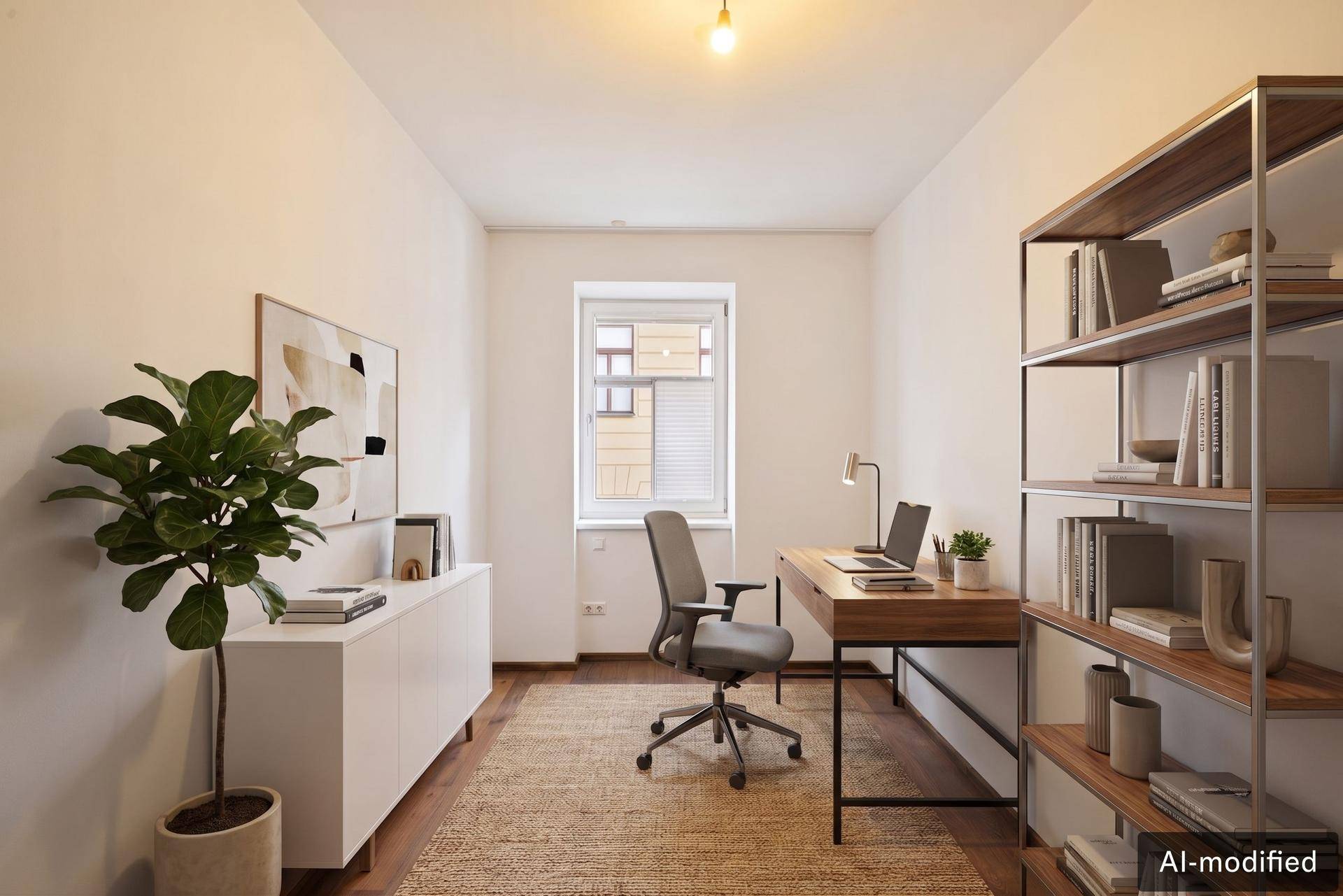 Funktionales Arbeitszimmer mit Holzboden, Schreibtisch, Bürostuhl und Bücherregal für produktives Arbeiten.