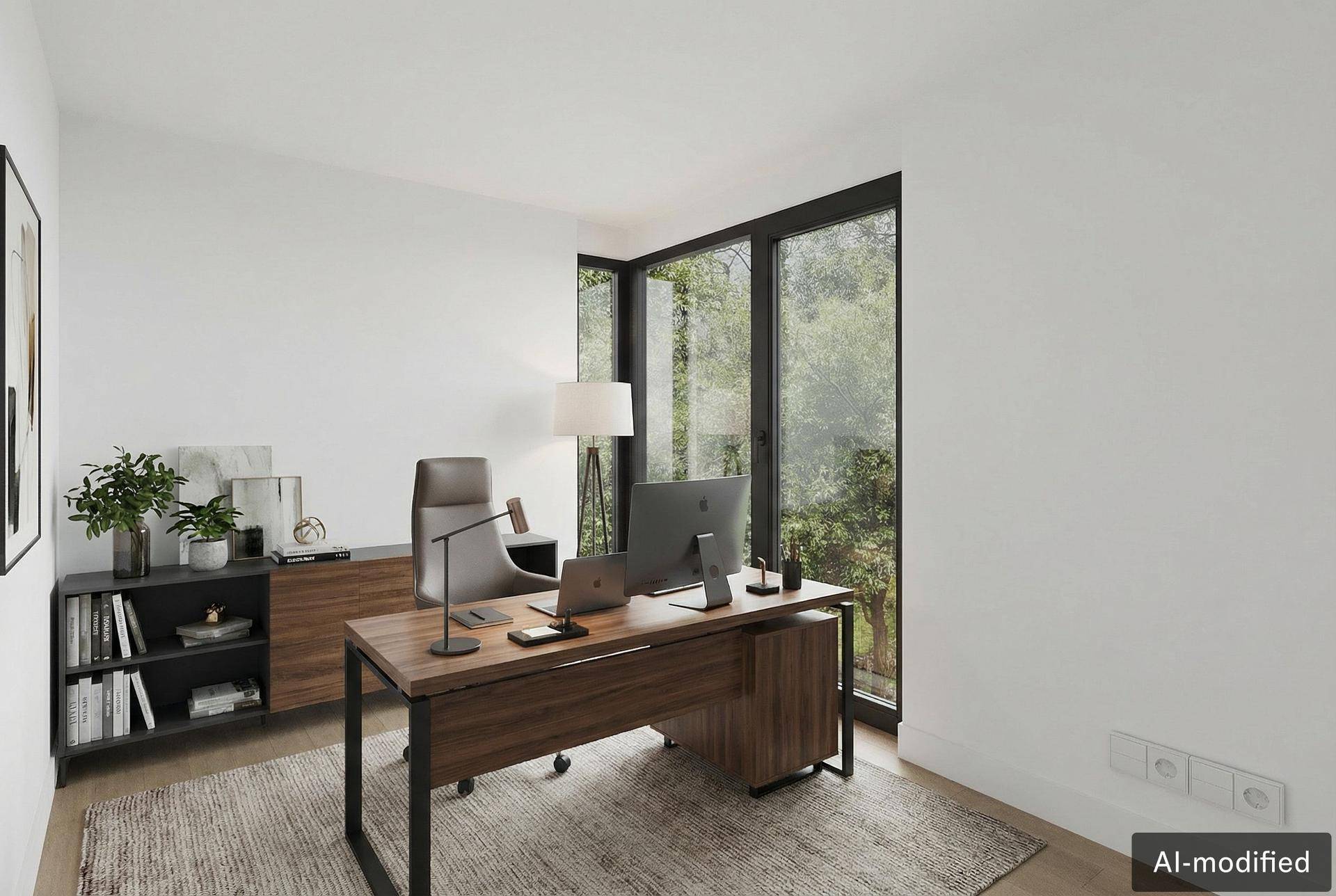 Modernes Büro mit großem Schreibtisch, ergonomischem Stuhl und Blick ins Grüne.