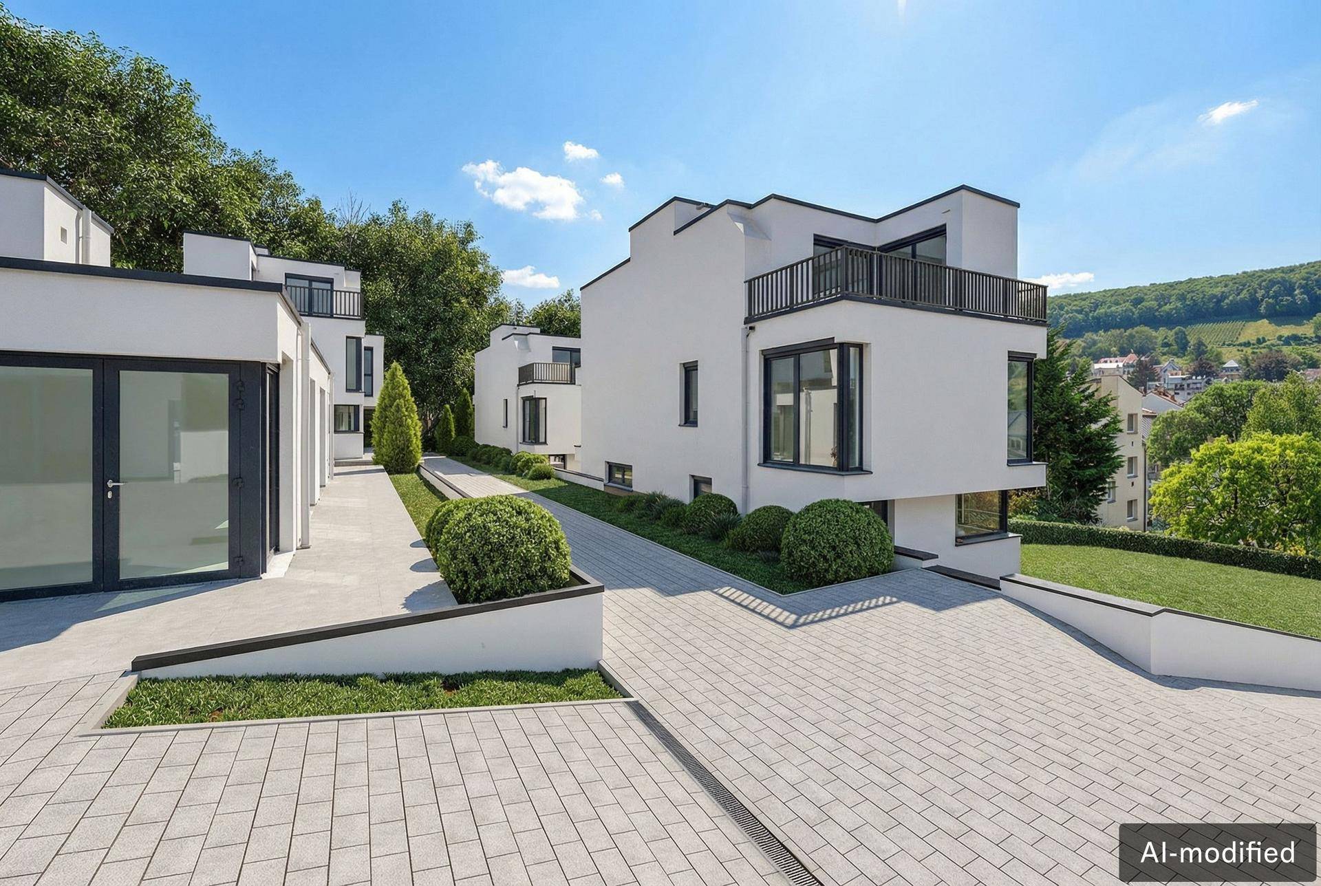 Moderne Wohnanlage mit weißer Fassade, schwarzen Akzenten und gepflegter Außenanlage.