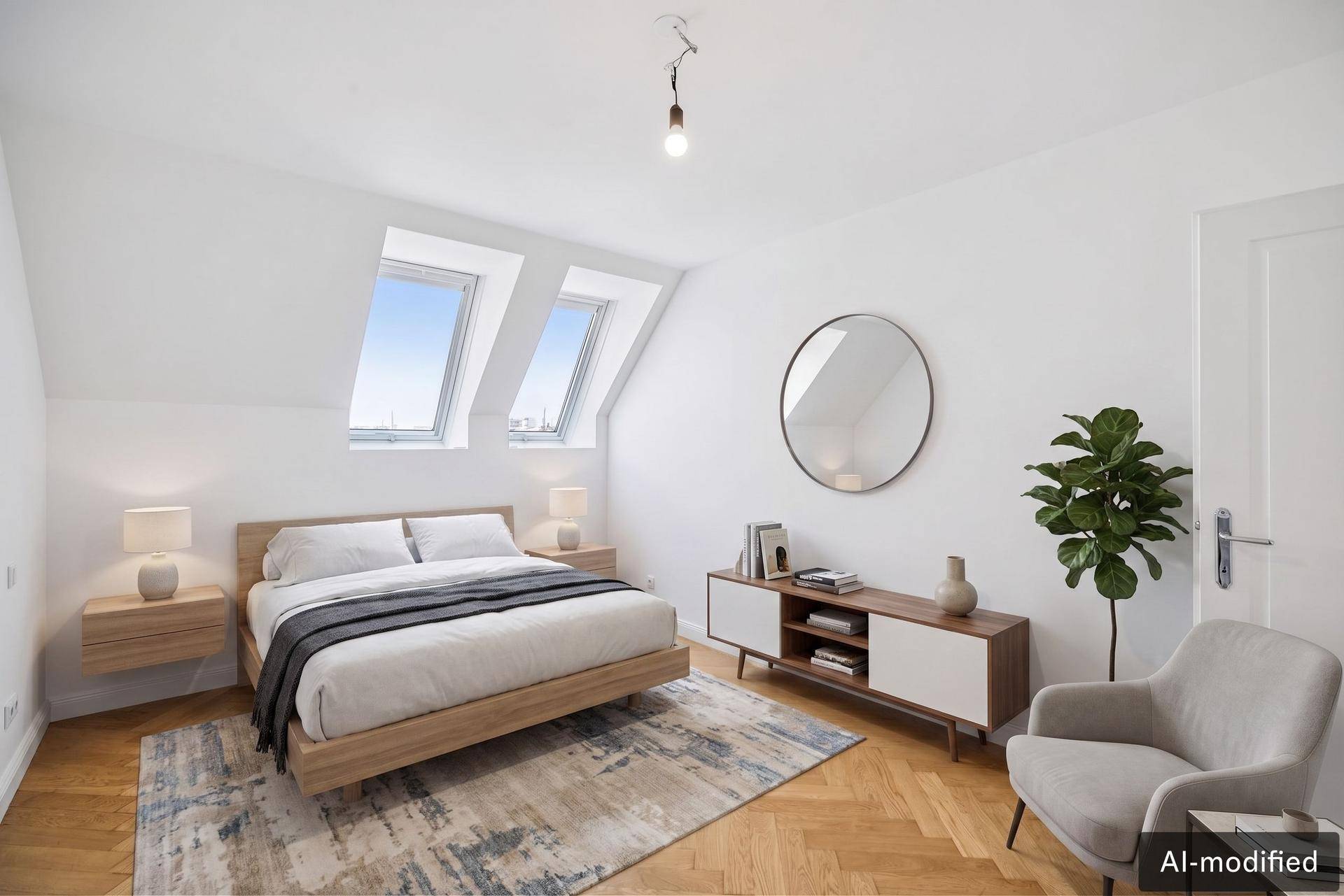 Helles Schlafzimmer im Dachgeschoss mit schrägen Wänden, Dachfenstern und modernem Holzparkett.