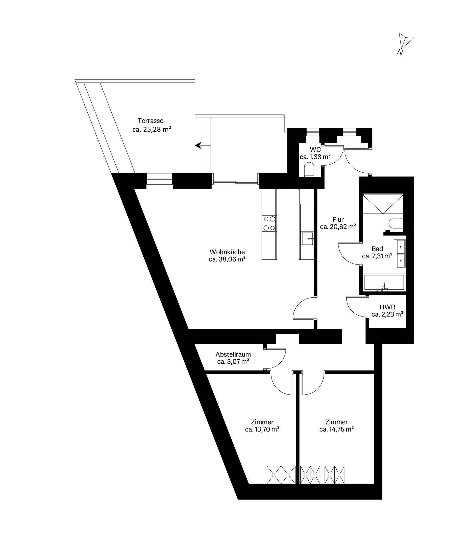 Grundriss der Wohnung mit Terrasse, Wohnküche, Bad, WC und zwei Zimmern.