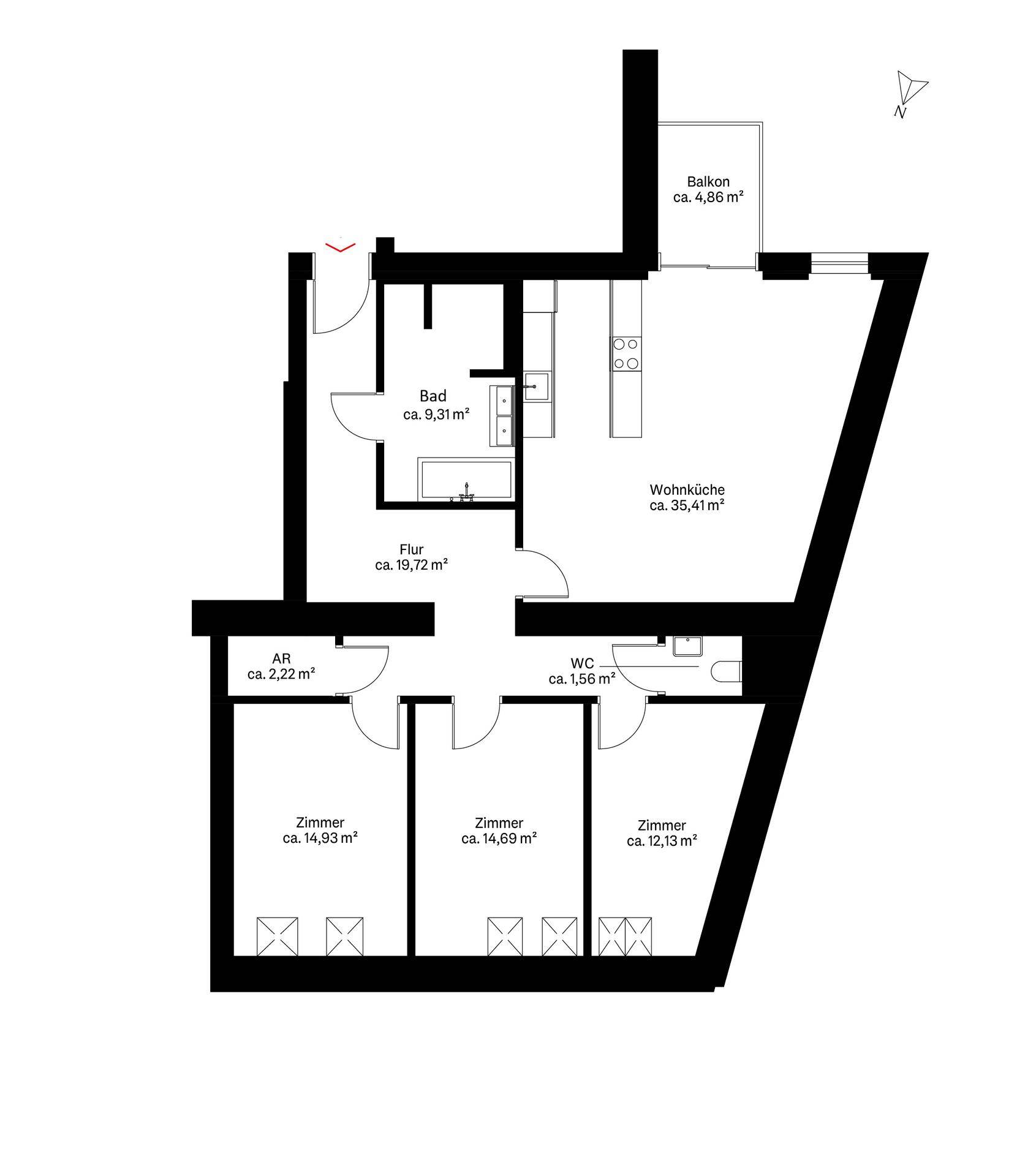 Grundriss der Wohnung mit Wohnküche, drei Zimmern, Bad und Balkon.