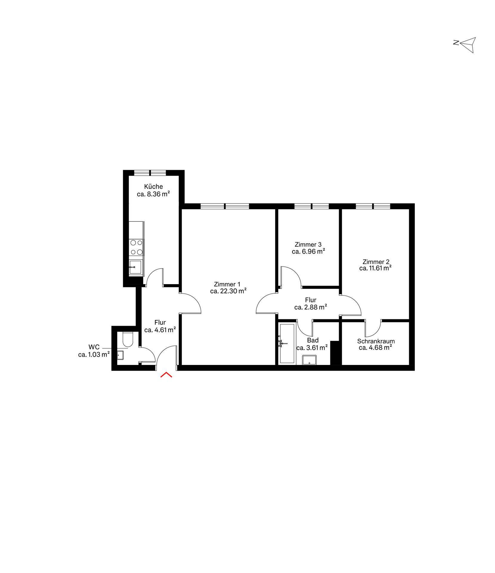 Grundriss einer Wohnung mit drei Zimmern, Küche, Bad und separatem WC.