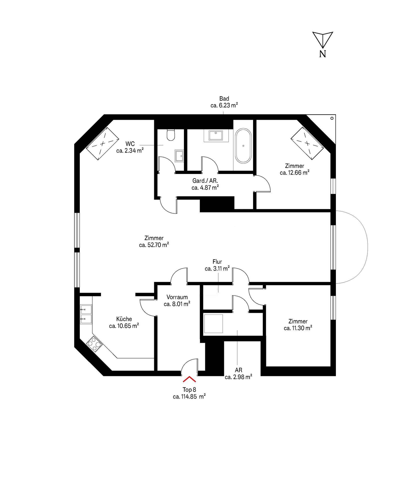 Detaillierter Grundriss der Wohnung mit Raumaufteilung und Flächenangaben.