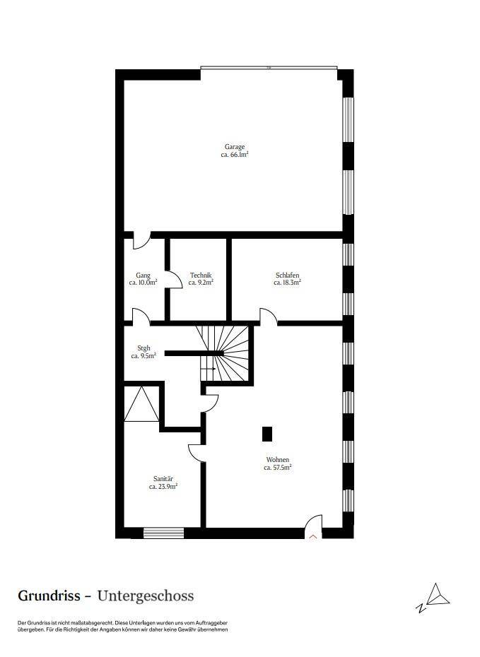 Grundriss des Untergeschosses mit Garage, Schlafzimmer, Wohnbereich und Sanitärräumen.