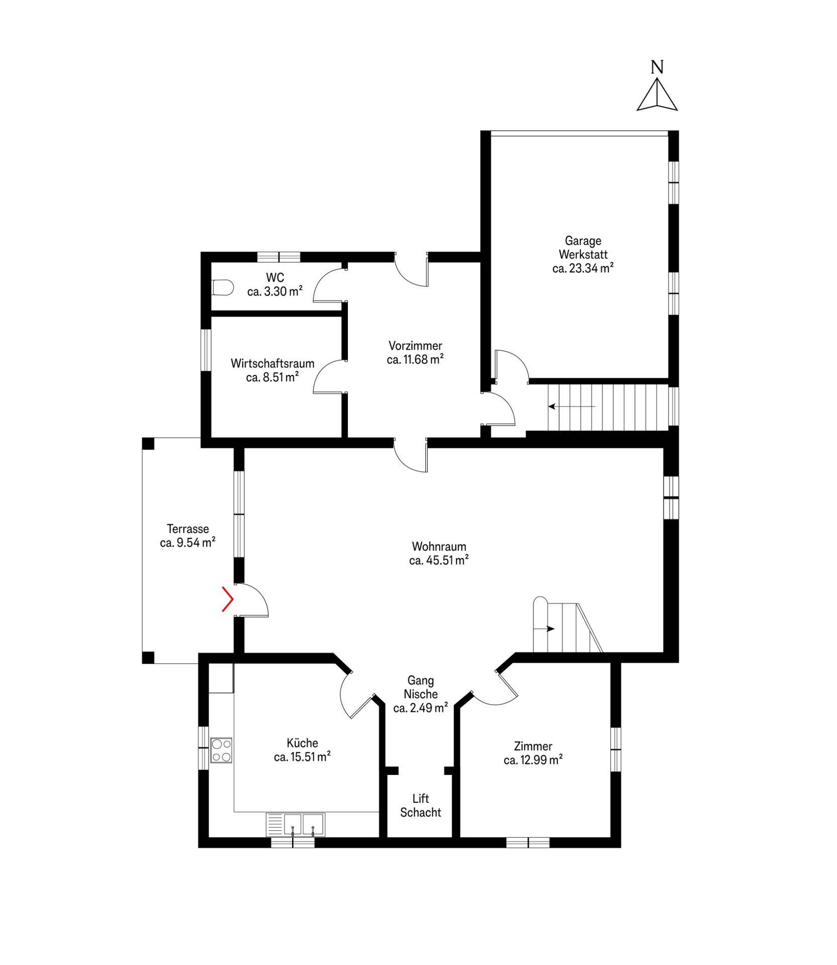 Grundriss des Erdgeschosses mit Wohnraum, Küche, Terrasse und Garage.