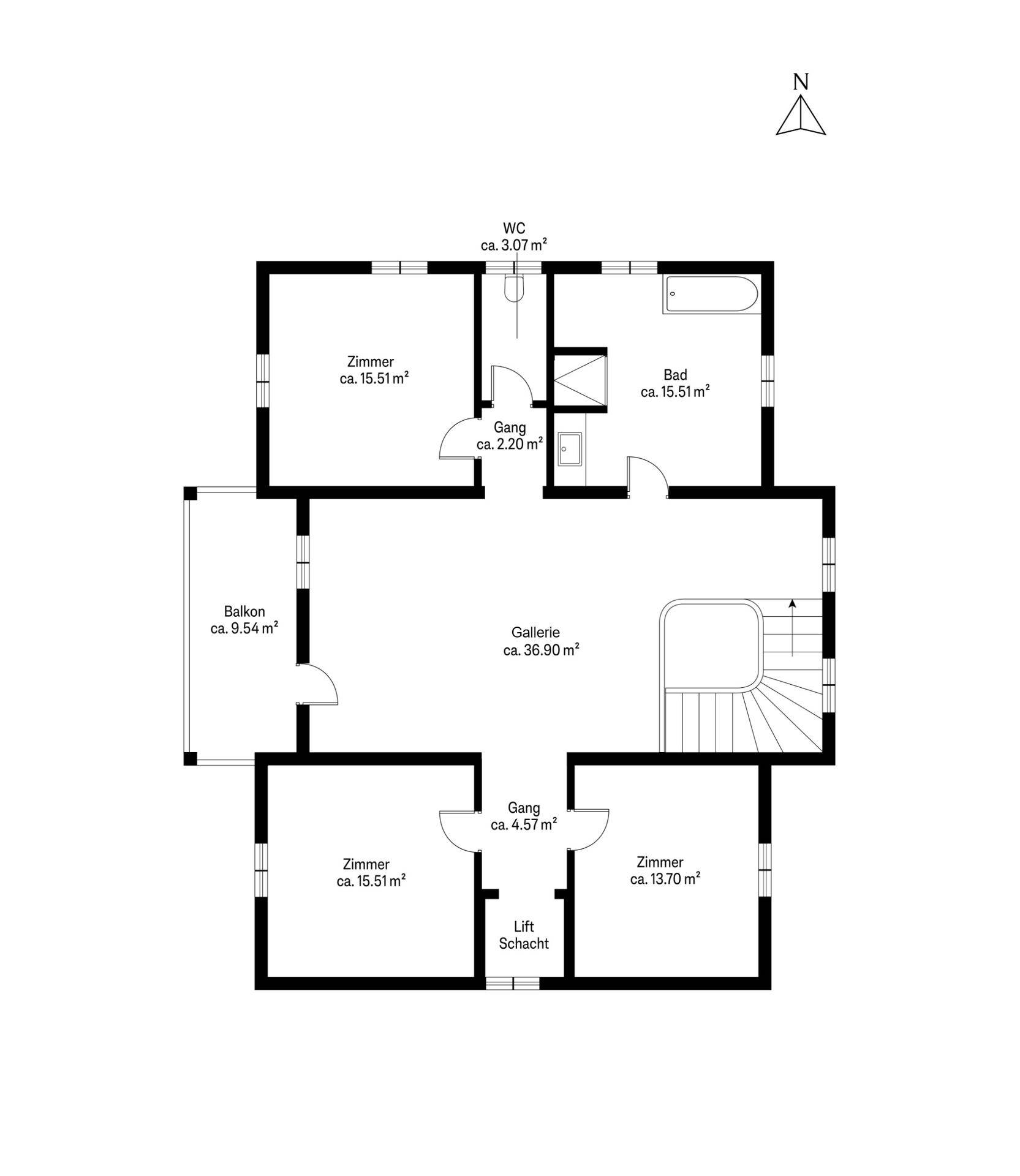 Grundriss des Obergeschosses mit Schlafzimmern, Bad, WC und Balkon.