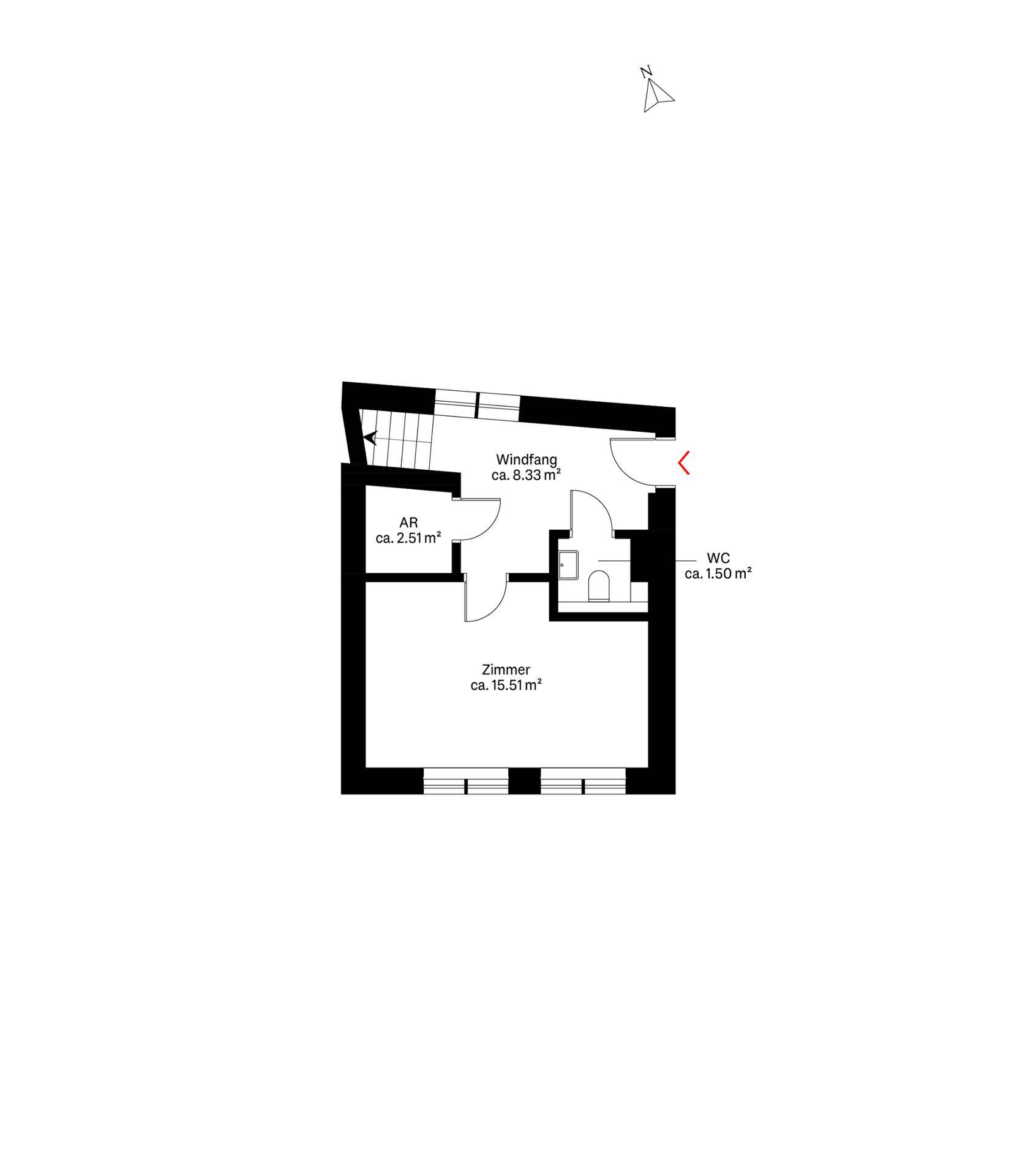 Grundriss des Erdgeschosses mit Eingangsbereich, Abstellraum, WC und einem weiteren Zimmer.