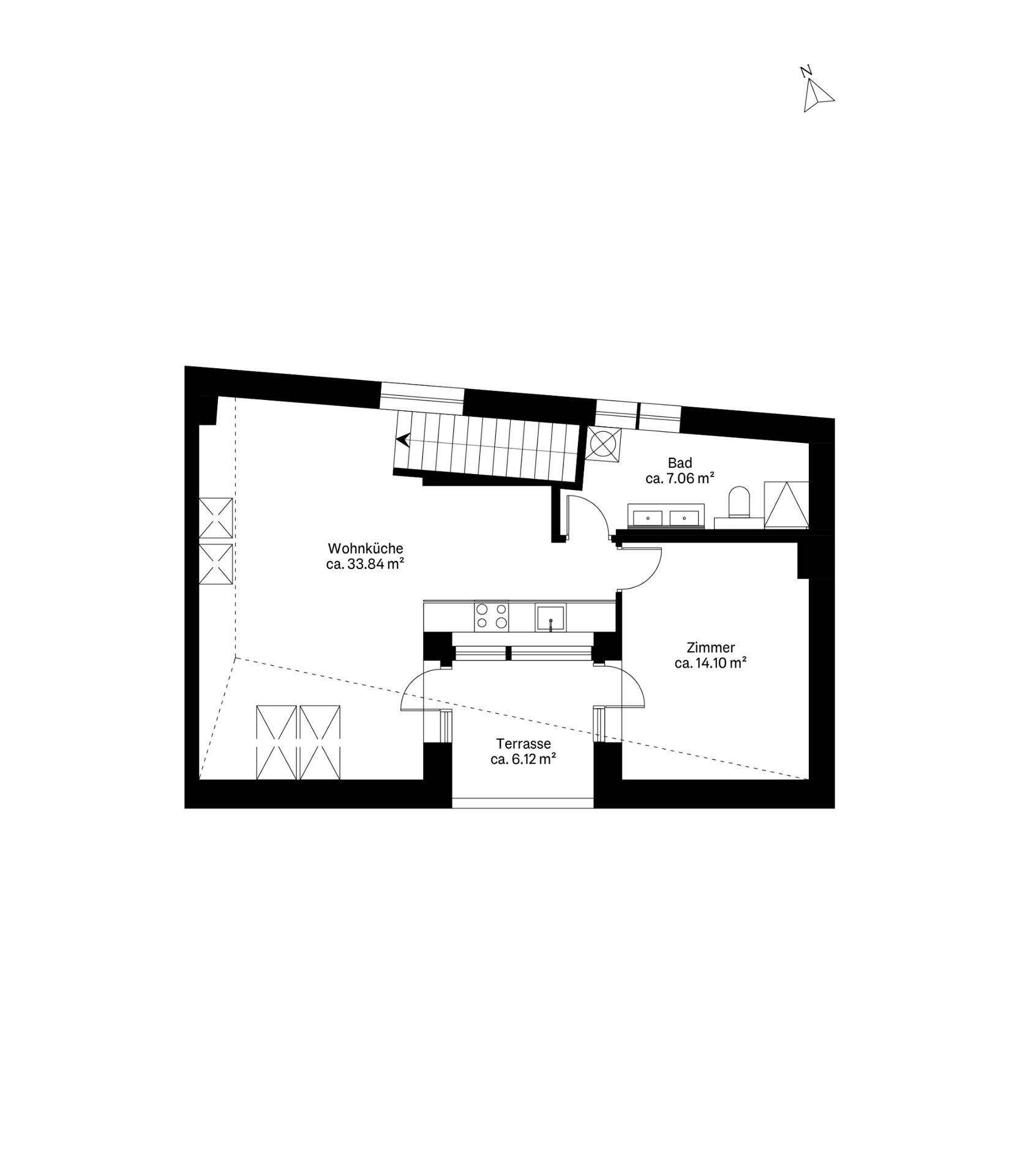 Grundriss des Obergeschosses mit offener Wohnküche, Zimmer, Bad und Terrasse.